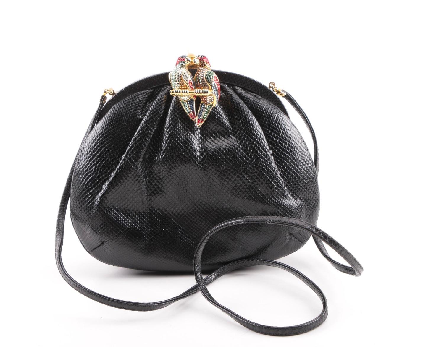 Judith Leiber Black Karung Kissing Parrots Pearl Clasp Clutch 4