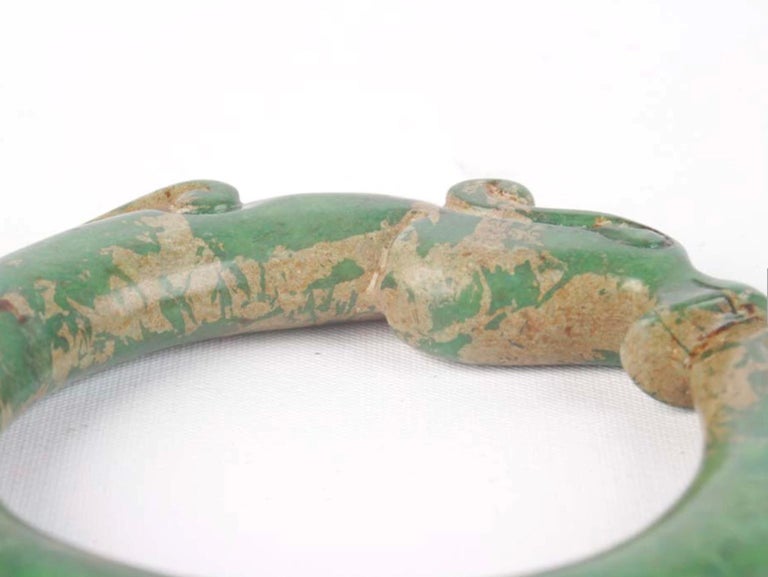 Archaic Chinese Green Jade Hand Carved Dragon Bracelet For Sale at