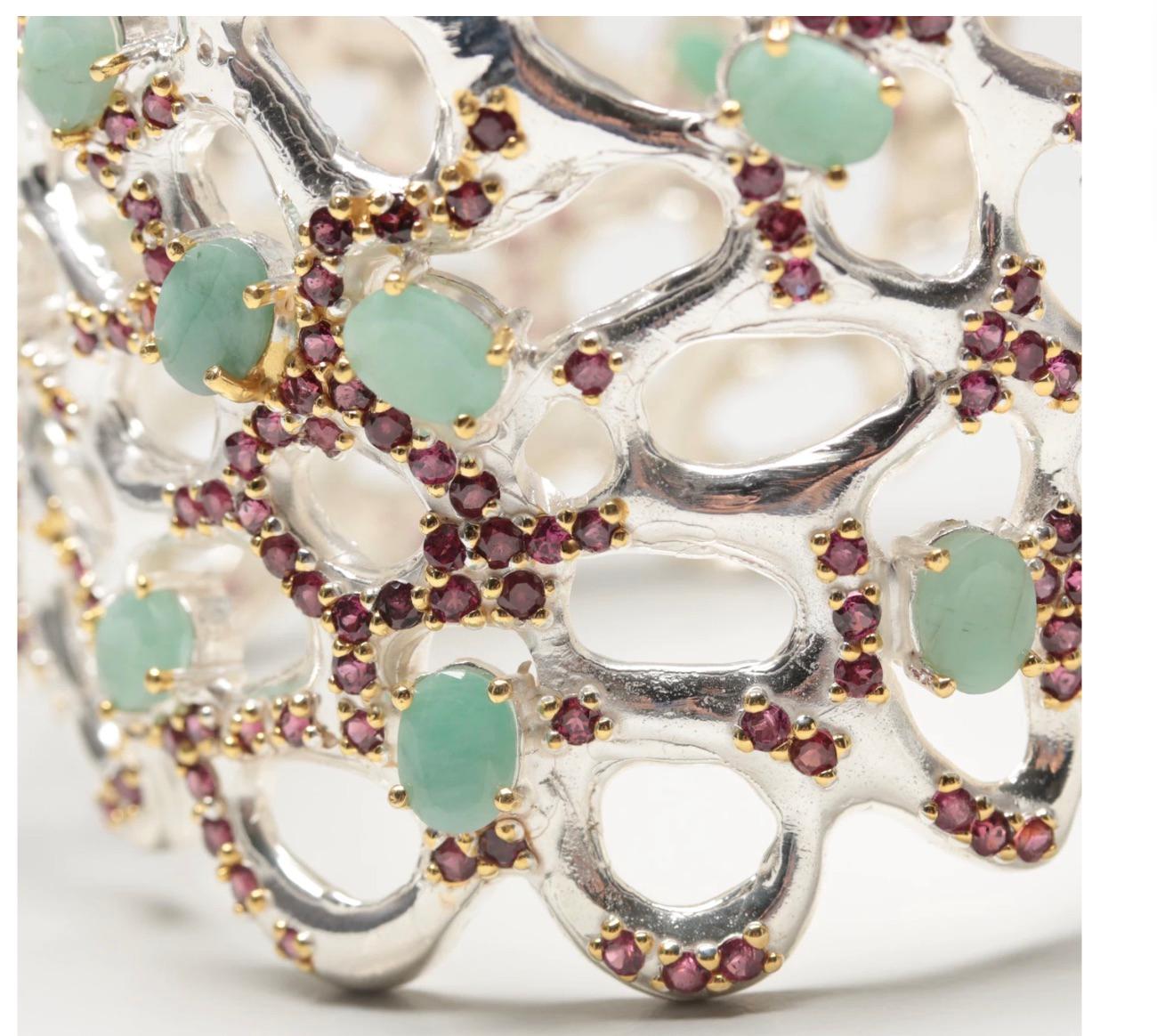 Art Deco Sterling Silver Emerald, Rhodolite Garnet and Sapphire Cuff Bracelet For Sale