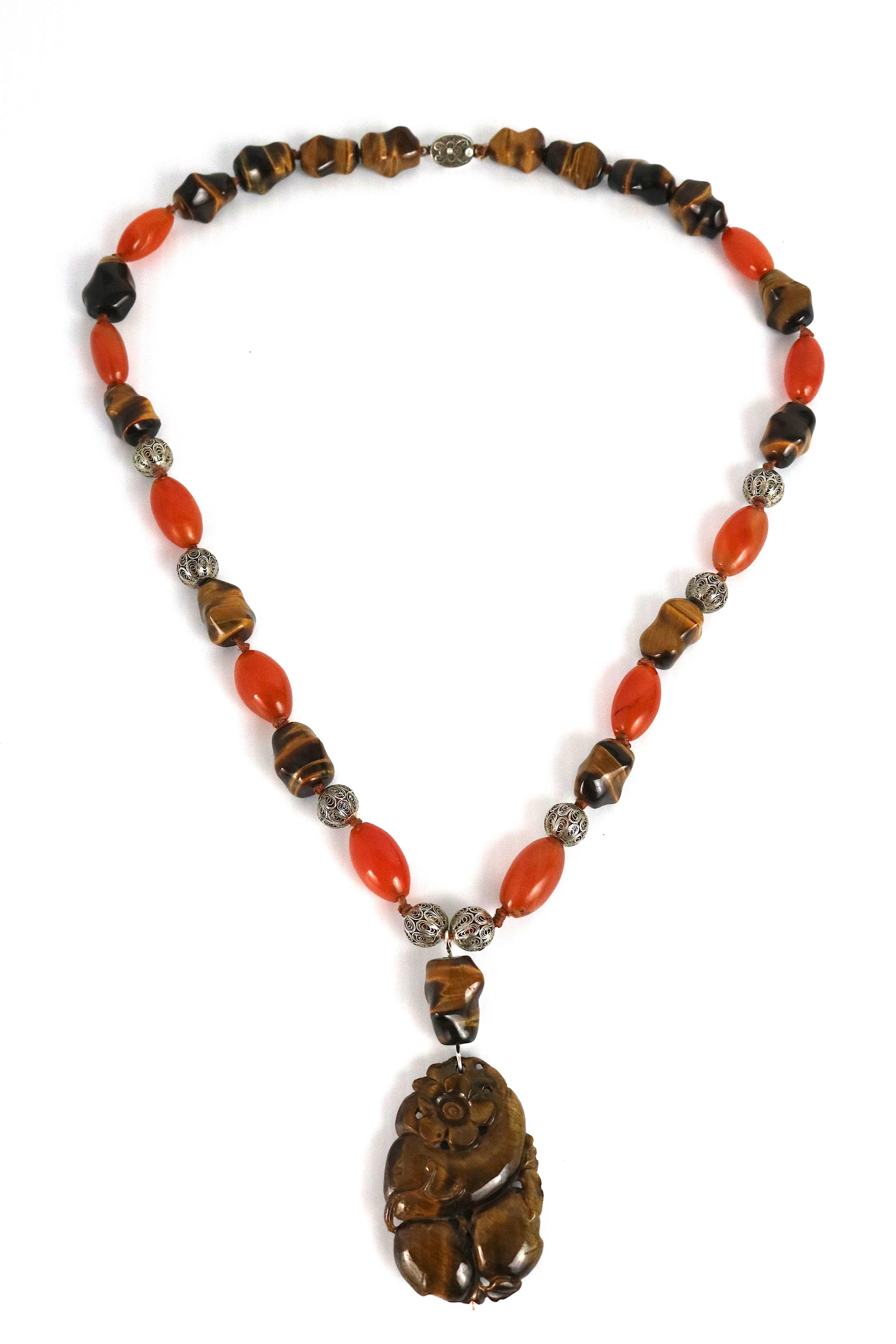 Egyptian Revival Tiger Eye Carved Pendant Necklace-Sterling, Carnelian, Tiger Eye Beads For Sale