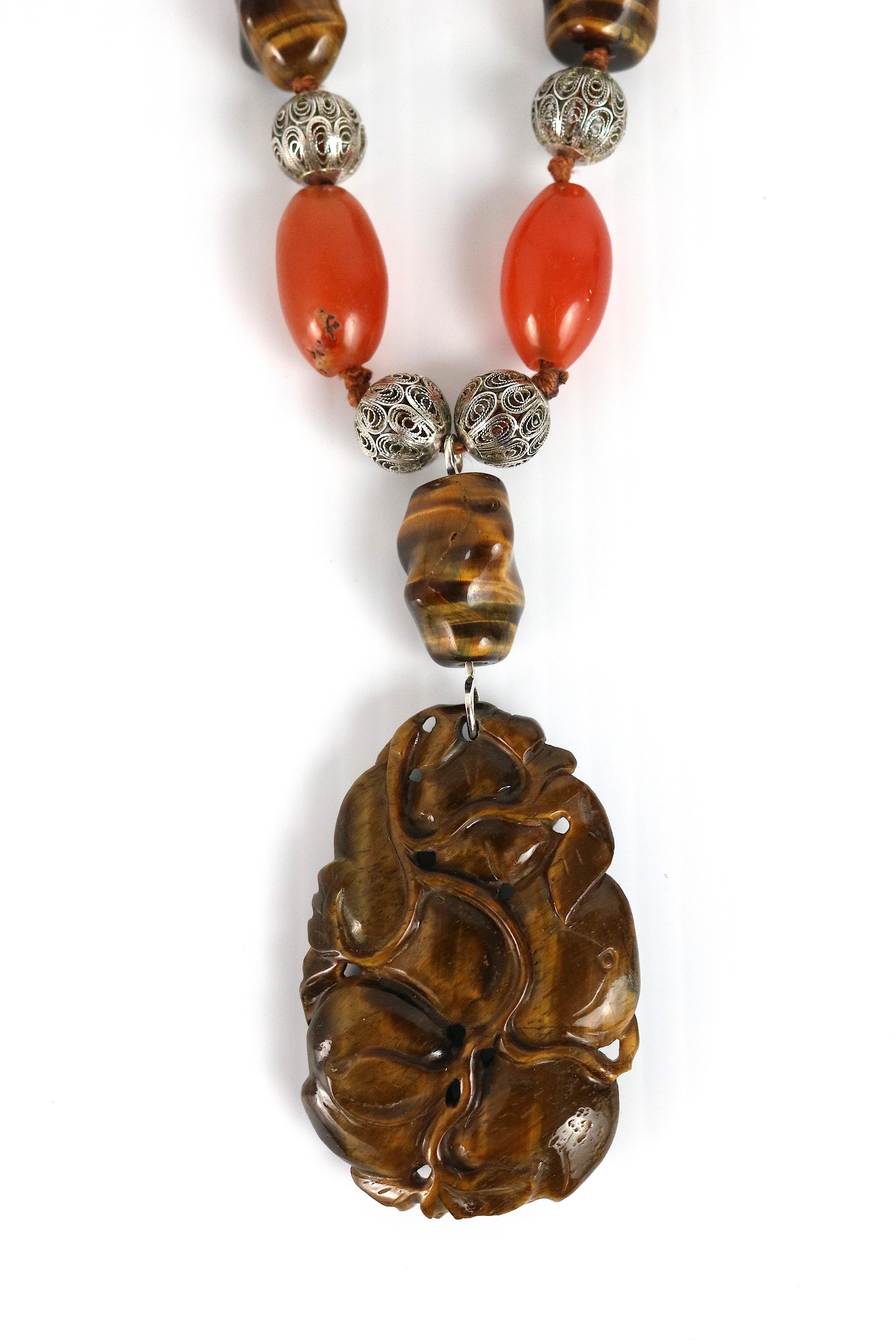 Tiger Eye Carved Pendant Necklace-Sterling, Carnelian, Tiger Eye Beads In Good Condition For Sale In West Palm Beach, FL