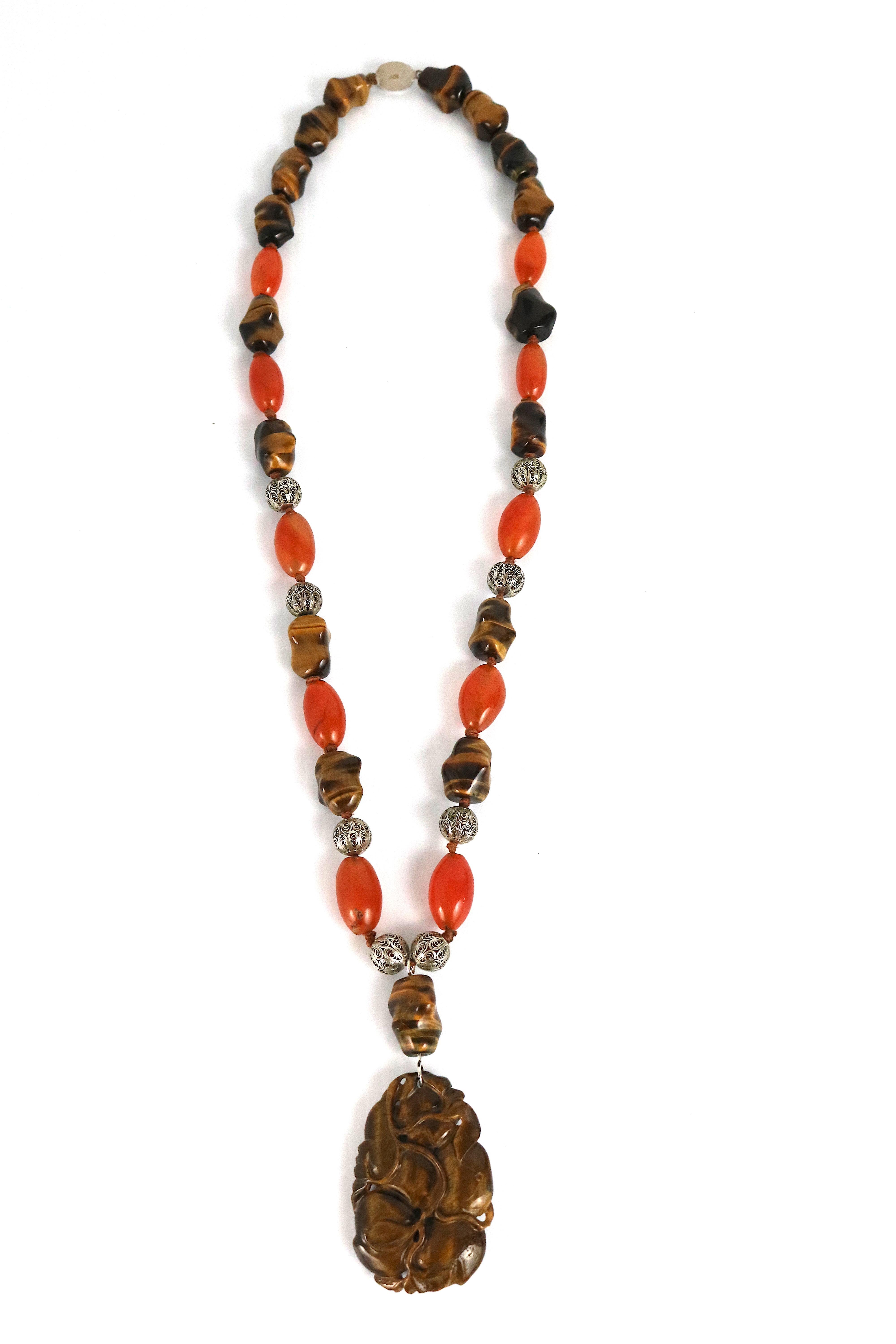 Women's or Men's Tiger Eye Carved Pendant Necklace-Sterling, Carnelian, Tiger Eye Beads For Sale