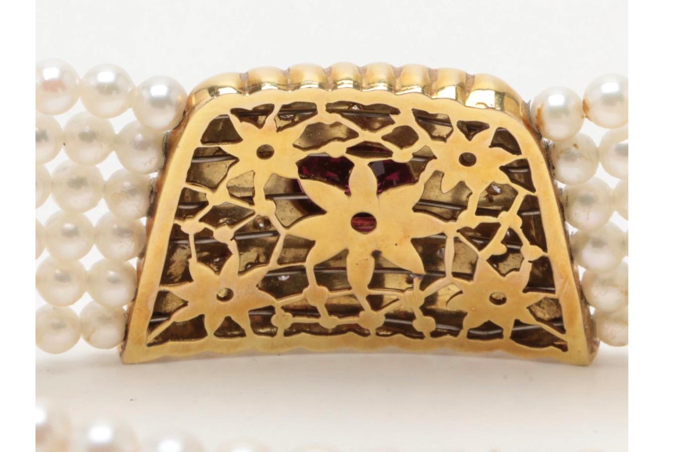 Women's 14 K Gold Rhodolite Garnet Cultured Pearl Choker-Art Deco Style For Sale