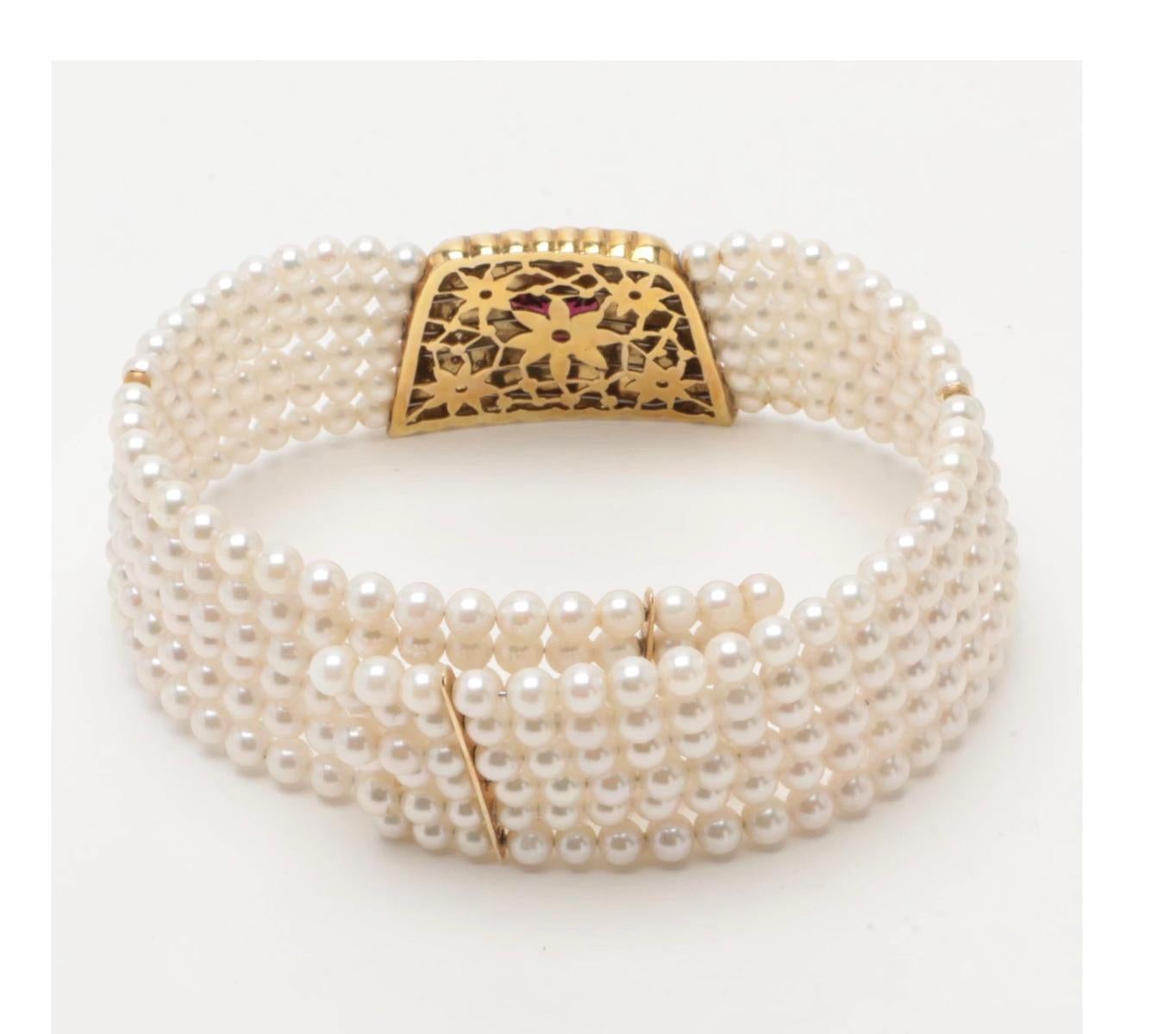 14 K Gold Rhodolite Garnet Cultured Pearl Choker-Art Deco Style For Sale 1