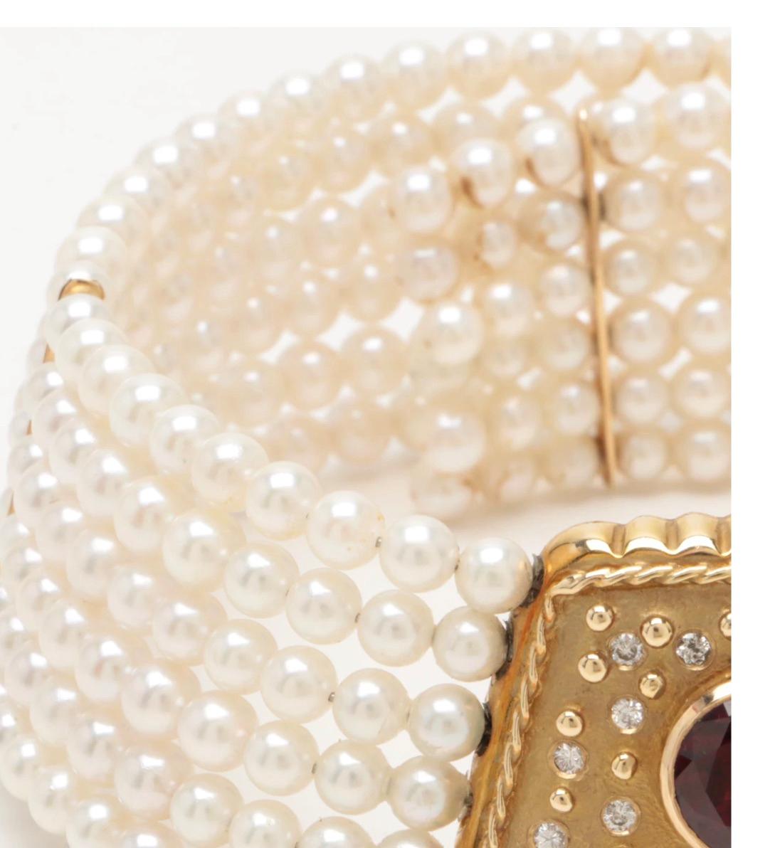 14 K Gold Rhodolite Garnet Cultured Pearl Choker-Art Deco Style For Sale 2