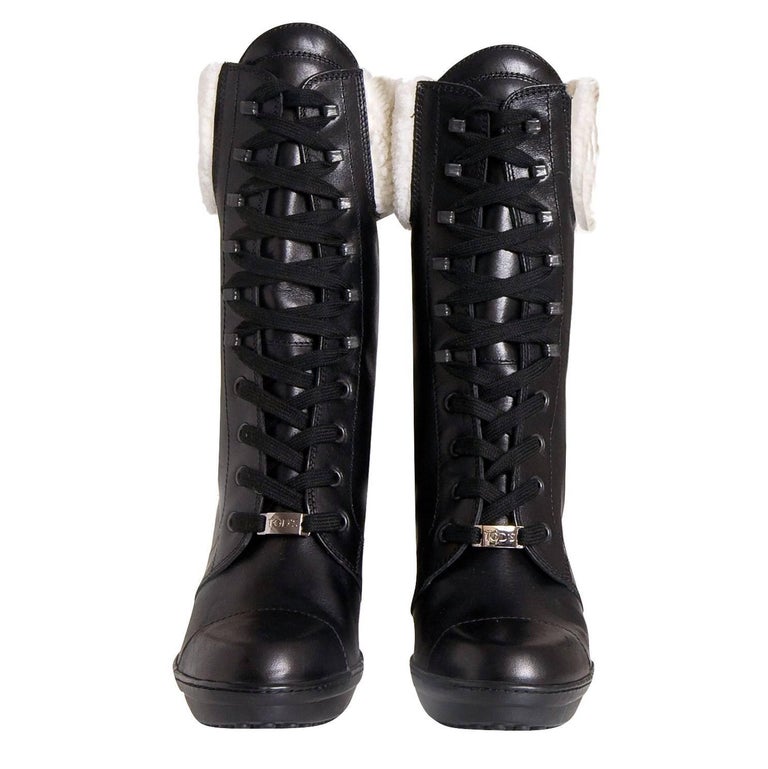 New Tod's Shearling Black Leather Boots Booties Sz 37 For Sale at 1stdibs