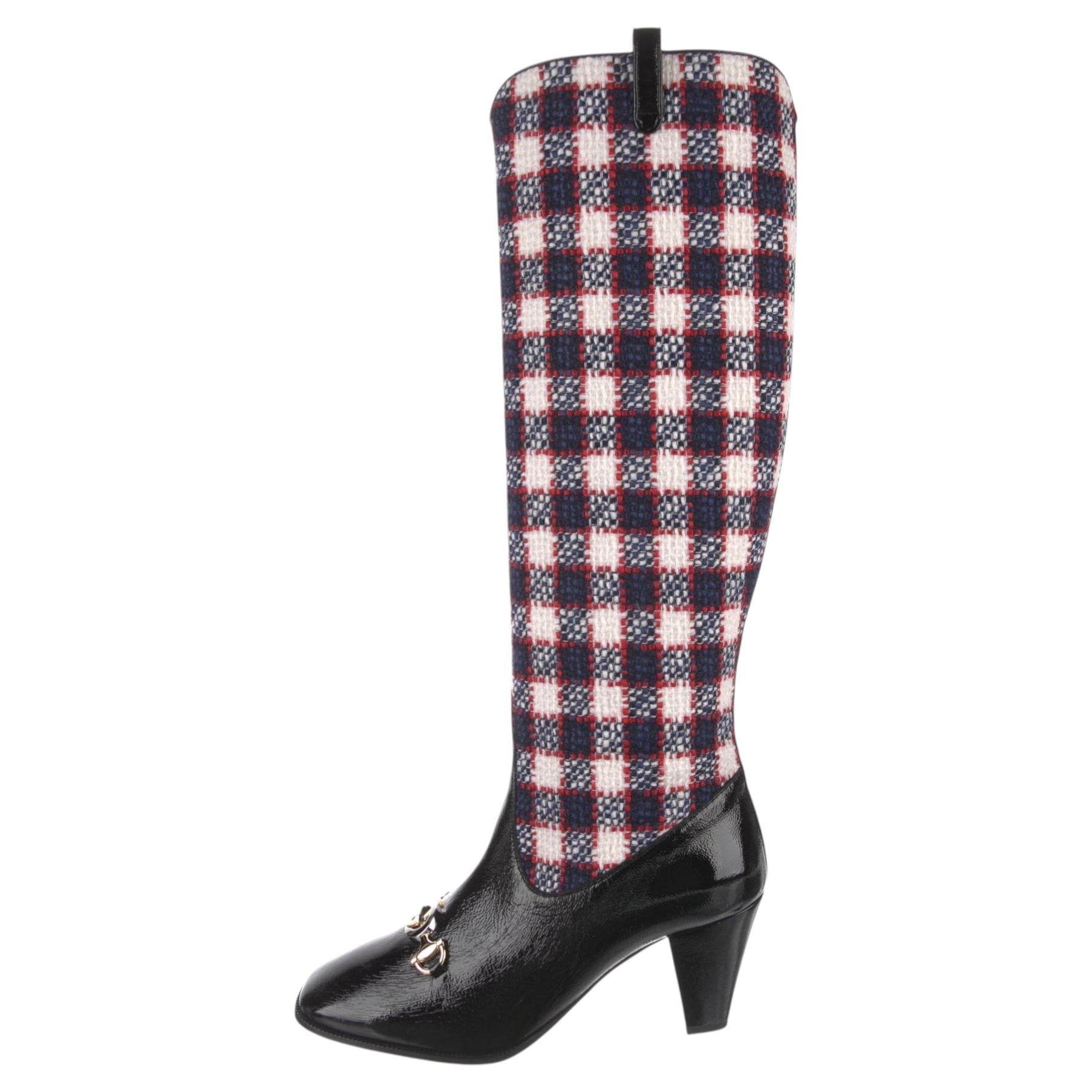 New With Box Gucci 2019 Zumi Plaid Patent and Wool Boots Sz 39 For Sale