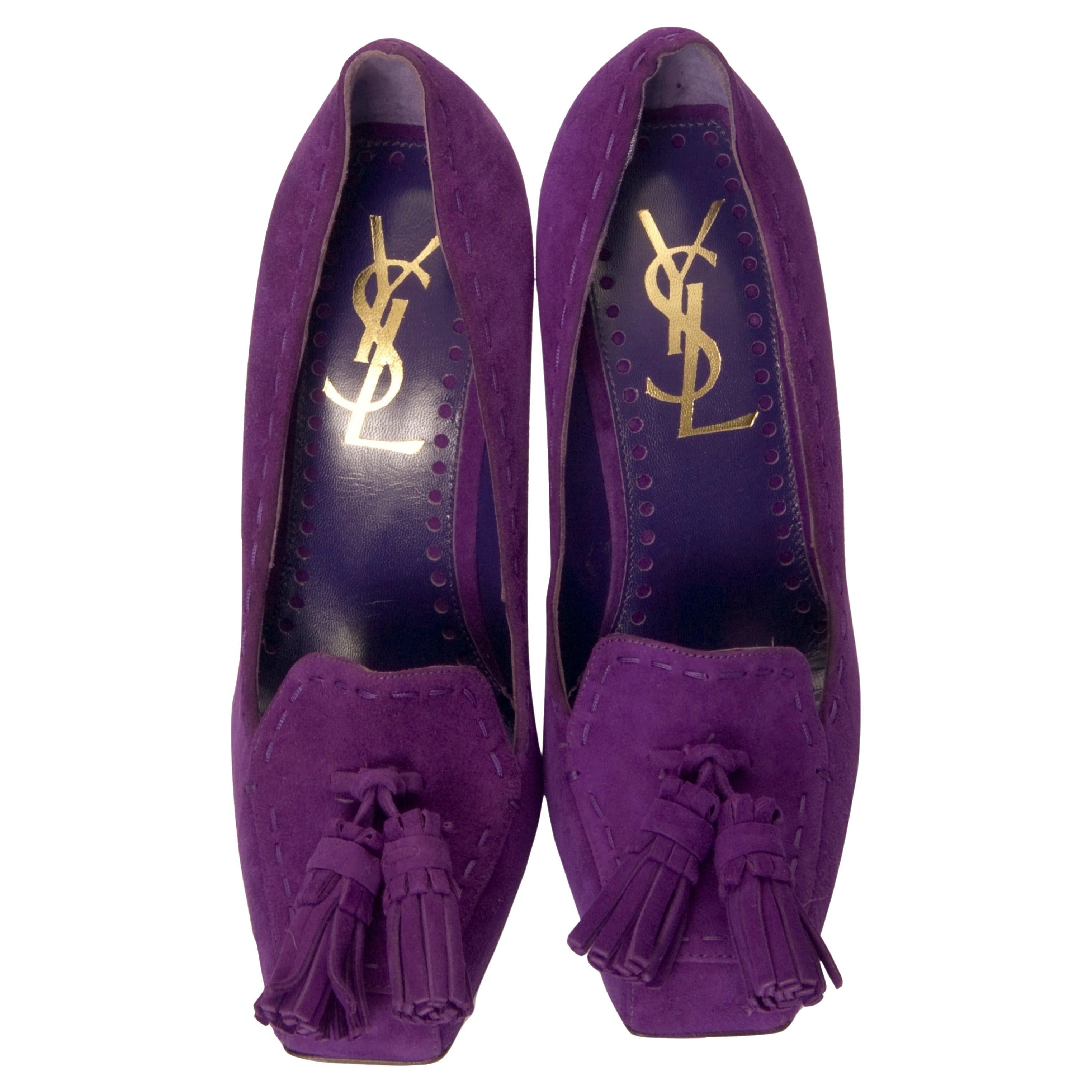 Stefano Pilati for Yves Saint Laurent Debut Collection
* Brand New
* Stunning Plum Suede
* Size Euro: 37.5
* Purple Stitching
* Dangle Tassel at Toe 
* Purple Leather Insole
* 4