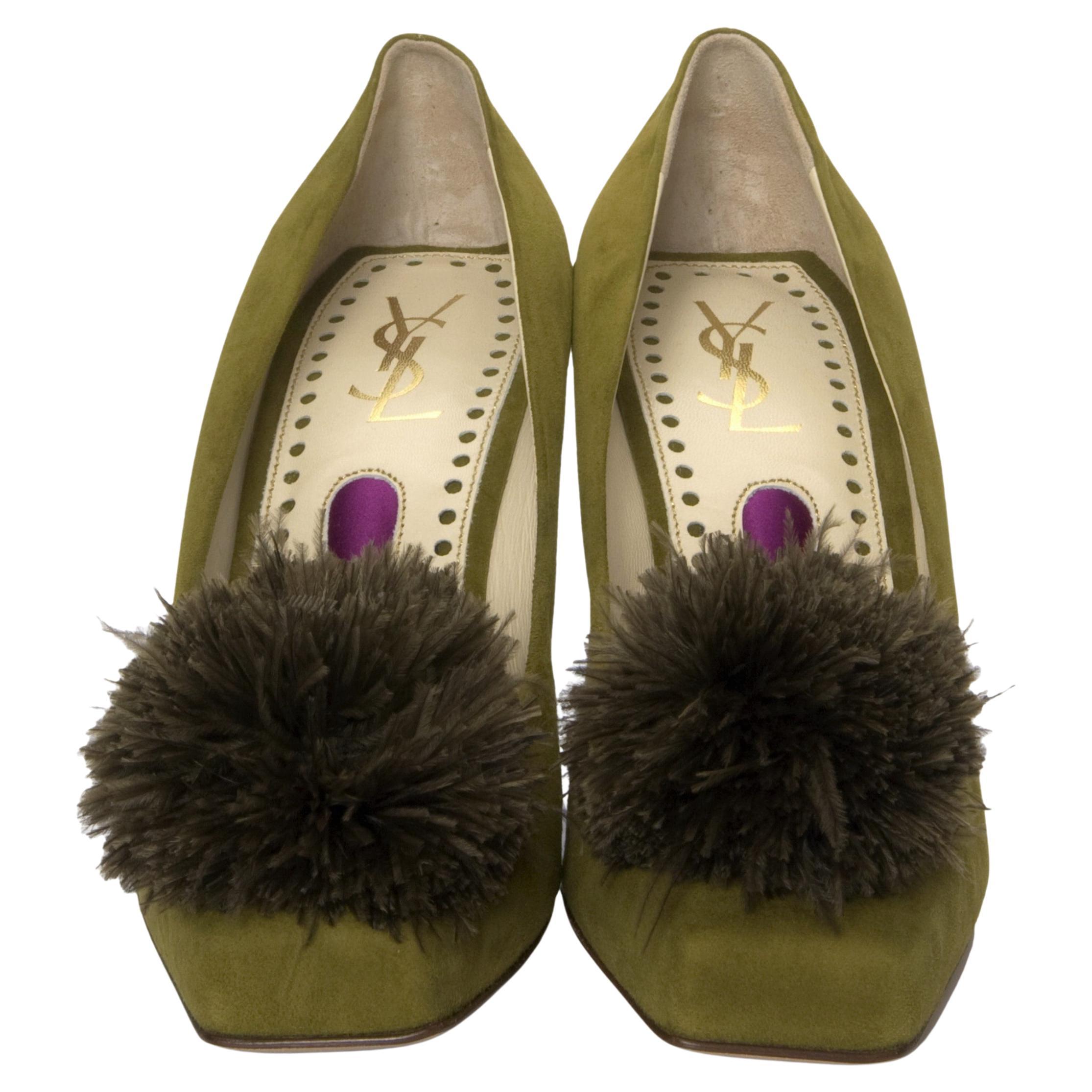 Stefano Pilati for Yves Saint Laurent Debut Collection
Brand New
* Detachable Feather Embellishment 
* Leather Insole 
* Square Toe 
* 3.5