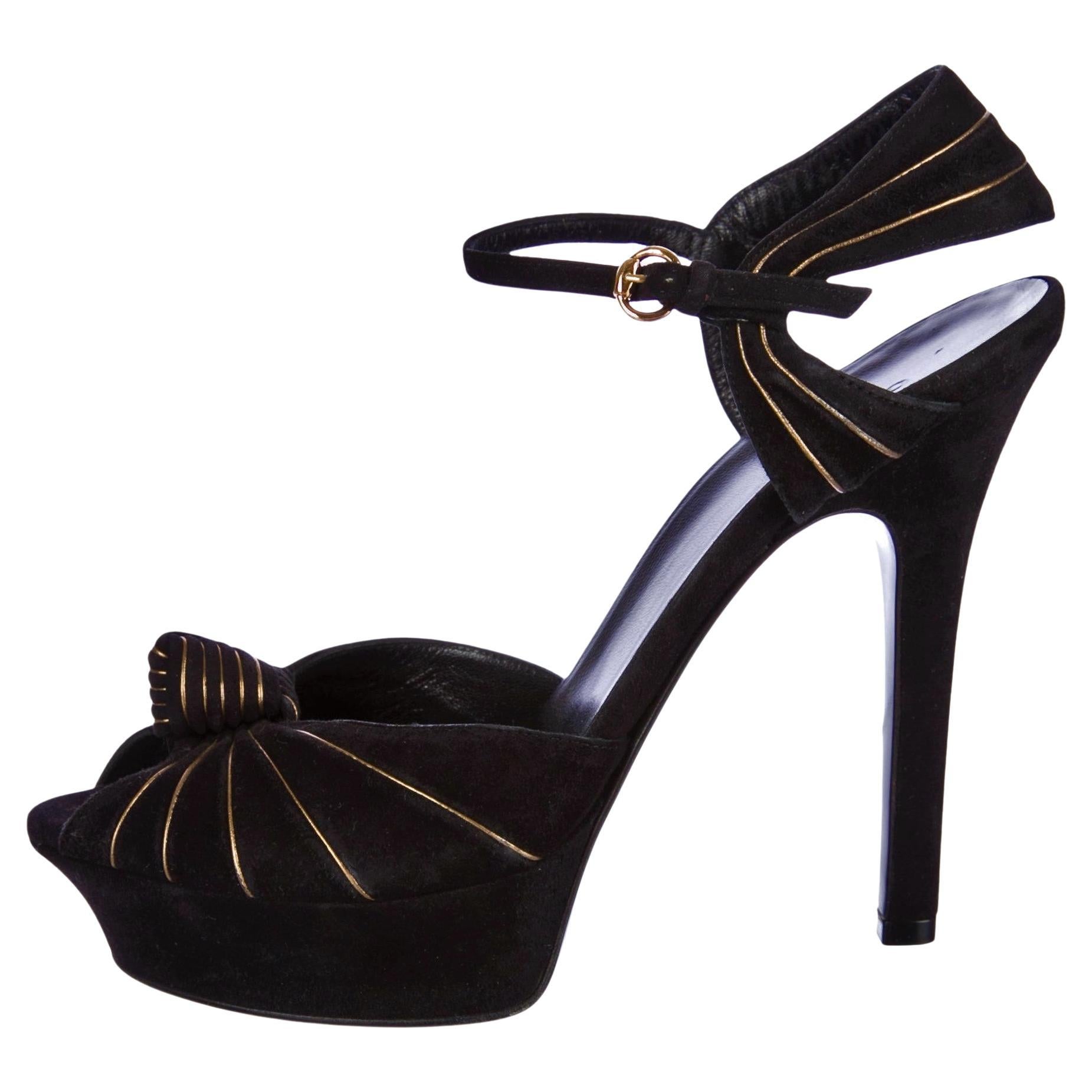 New Gucci Suede Black and Gold Ad Runway Platform Heels Pumps Fall 2007 Sz 9.5