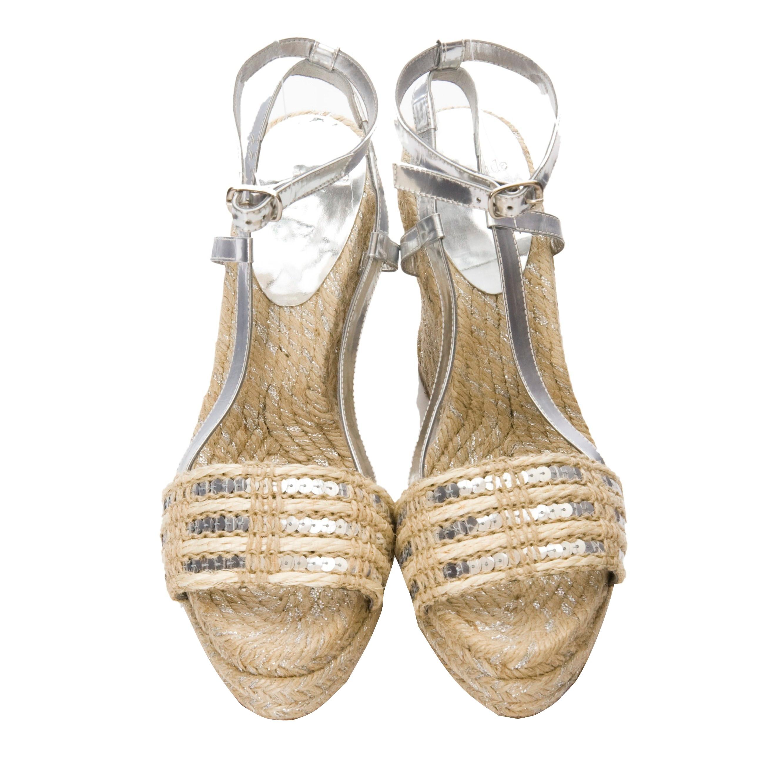 Donna New Kate Spade Spring 2005 Collection Silver & Beige Espadrille Heels Taglia 9 in vendita
