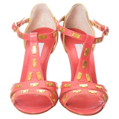 New Edmundo Castillo Coral Leather and Gold Metal Heels Sz 8