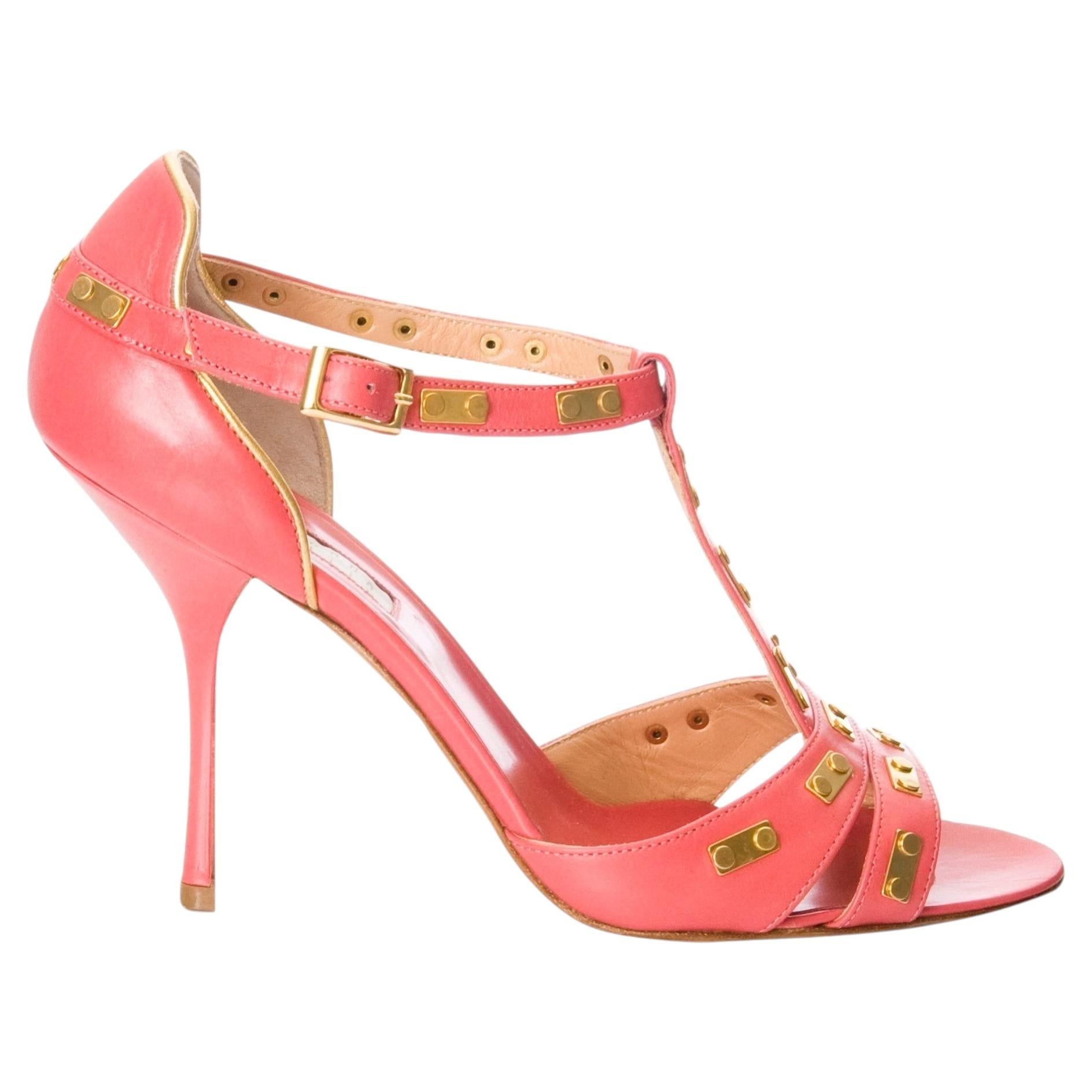 New Edmundo Castillo Coral Leather and Gold Metal Heels Sz 8.5 For Sale