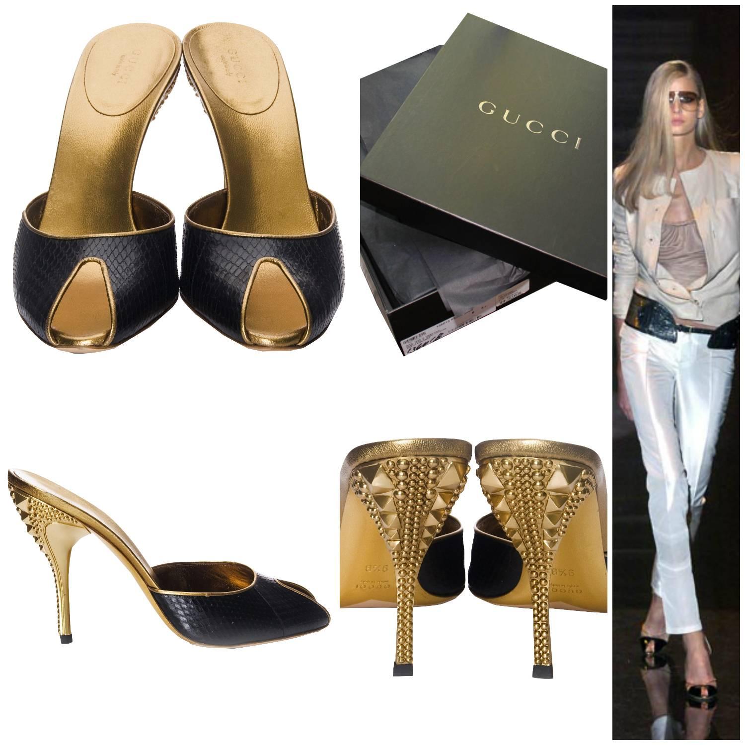 Gucci Horsebit Heels
Brand New
* Stunning in Black Snakeskin
* Studded Gold Heel
* Size: 9.5
* Leather Insole
* Open toe
* 4.5