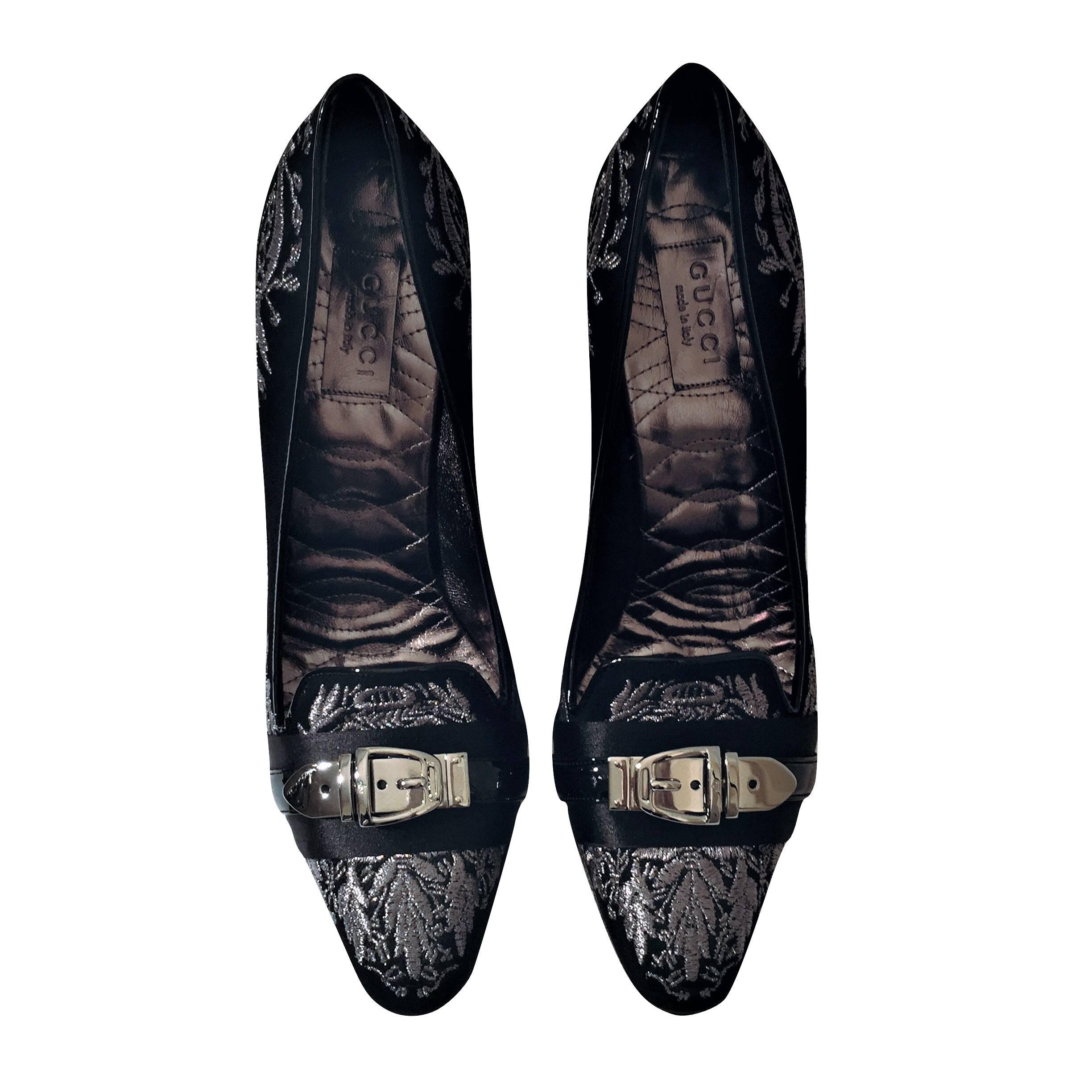 New Gucci Runway Suede Brocade Buckle Heels Sz 36.5 10