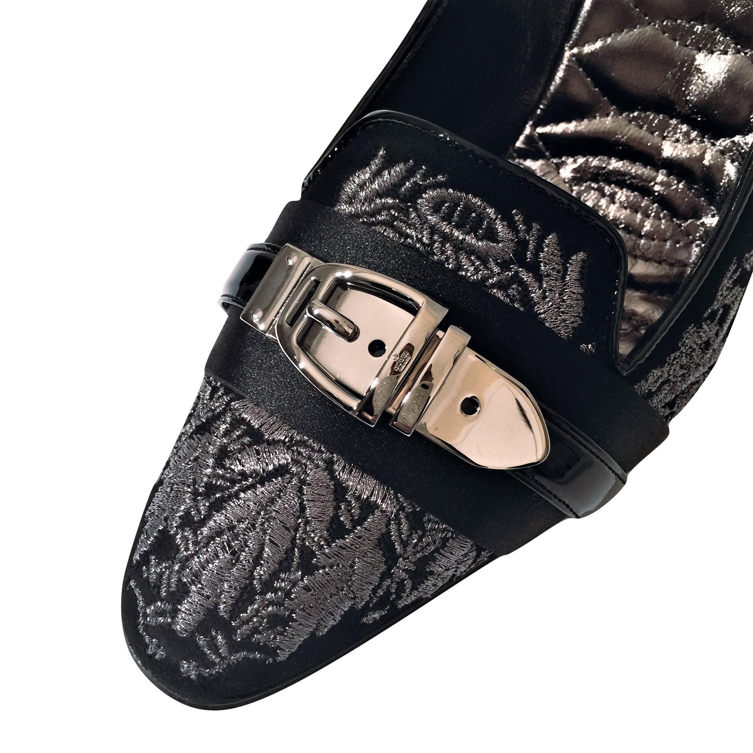 New Gucci Runway Suede Brocade Buckle Heels Sz 38.5 12