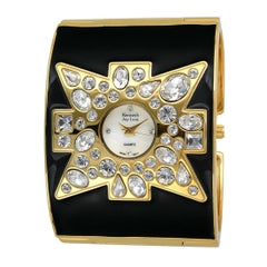 New Kenneth Jay Lane Swarovski Crystal Black Maltese Cuff Quartz Wristwatch