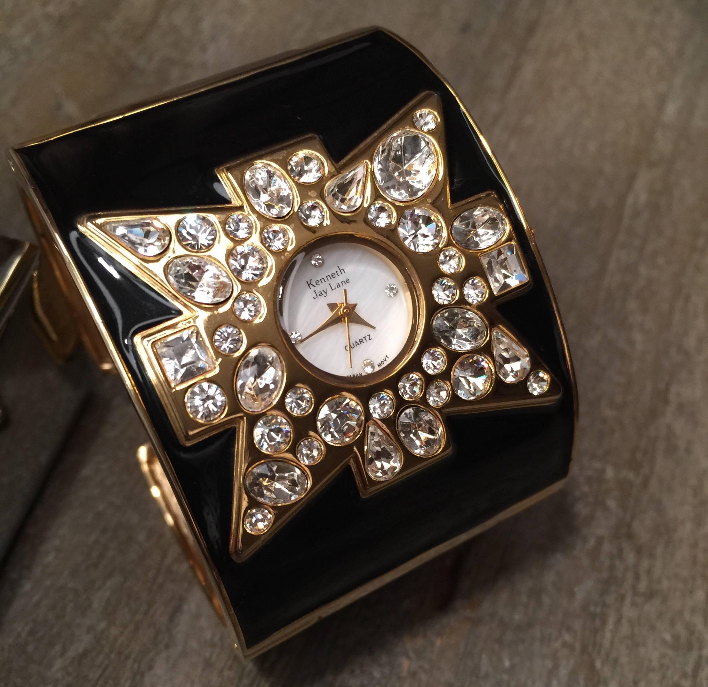 New Kenneth Jay Lane Swarovski Crystal Black Maltese Cuff Quartz Wristwatch  6