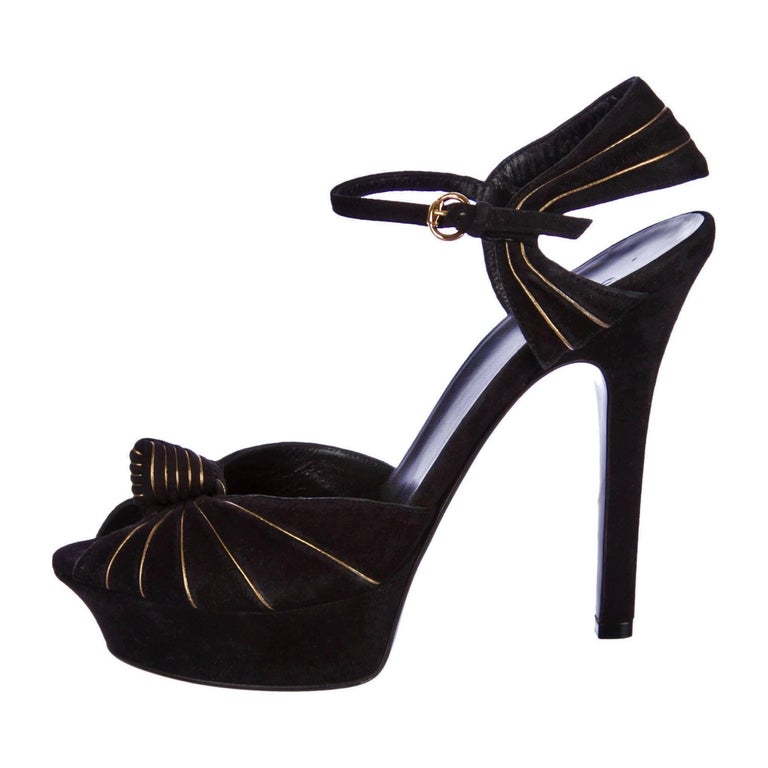 New Gucci Suede Black and Gold Ad Runway Platform Heel, Fall Winter 2007 Sz 7.5 For Sale 1