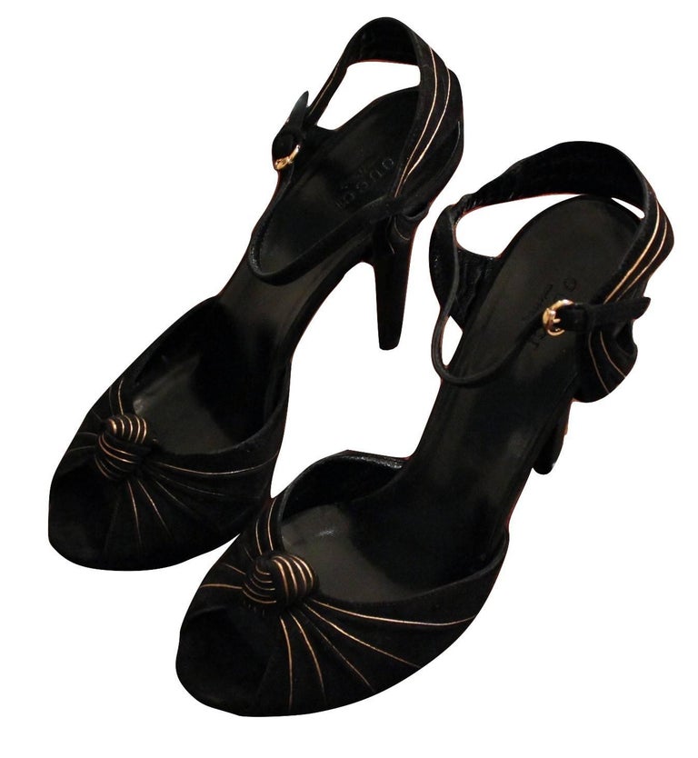 New Gucci Suede Black and Gold Ad Runway Platform Heel, Fall Winter 2007 Sz 7.5 For Sale 7