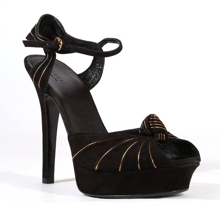 New Gucci Suede Black and Gold Ad Runway Platform Heel Rare Fall 2007 Sz 9.5 For Sale 6