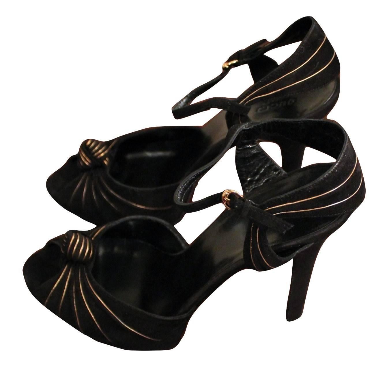 New Gucci Suede Black and Gold Ad Runway Platform Heels Pumps Fall 2007 Sz 9.5 8