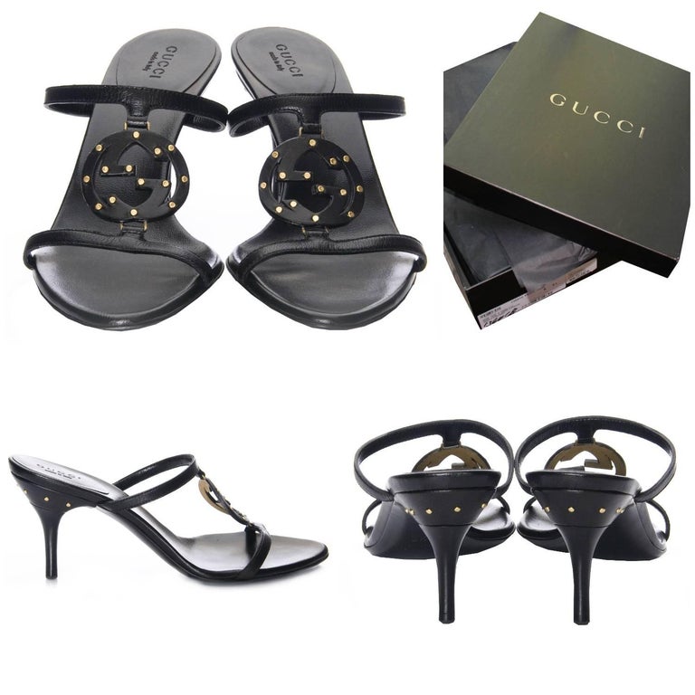 Gucci GG Logo Heels
Brand New
* Stunning in Gold & Black
* Gold & Black GG Logo Front 
* Size: 6.5
* Black Leather throughout
* Leather Insole 
* 3.25
