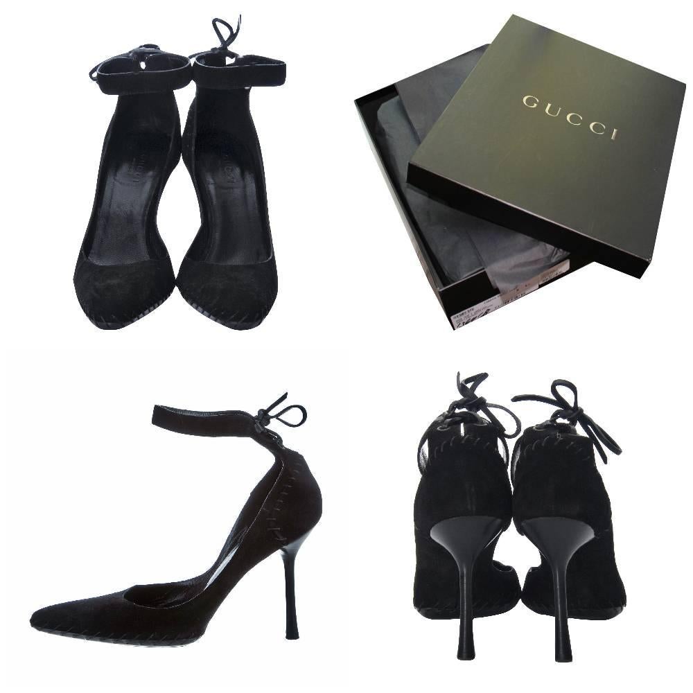 Gucci Tom Ford Heels
Brand New
* Tom Ford Era Pumps
* Black Suede 
* Size: 7
* Whipstitches Throughout
* Leather Insole 
* Ties at Heel
* 4