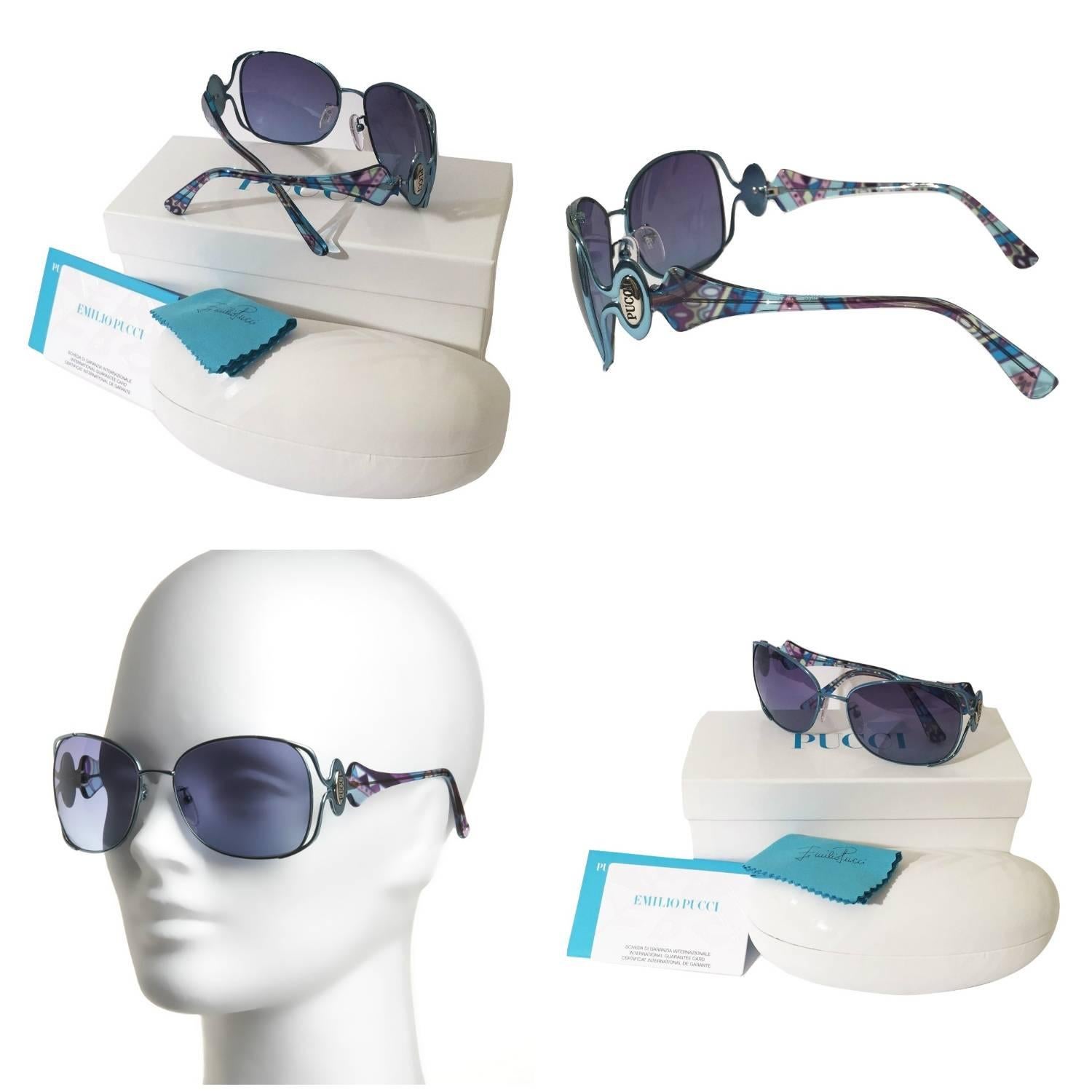Women's New Emilio Pucci Teal Blue Aviator Sunglasses With Case & Box