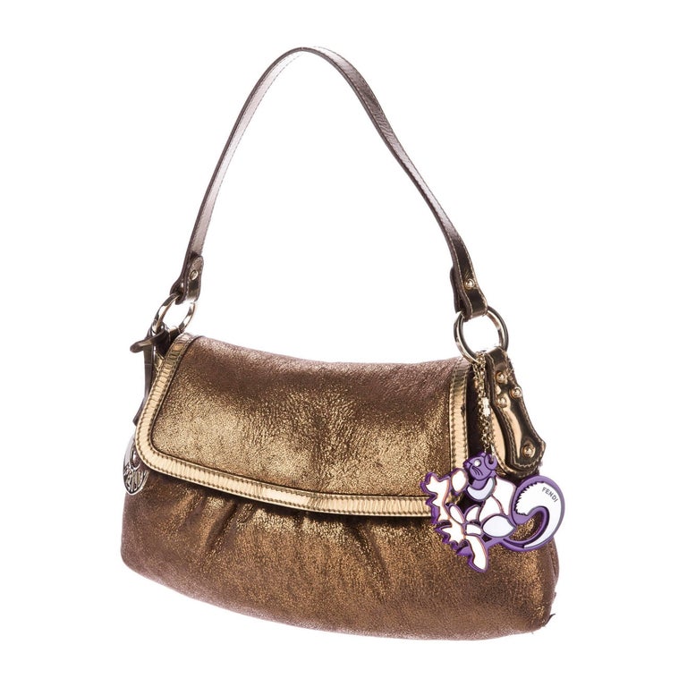 New Fendi Shearling Bronze Baguette Chef Bag With Squirrel New Fendi Shearling Bronze Baguette Chef Bag With Squirrel Purse Charm For