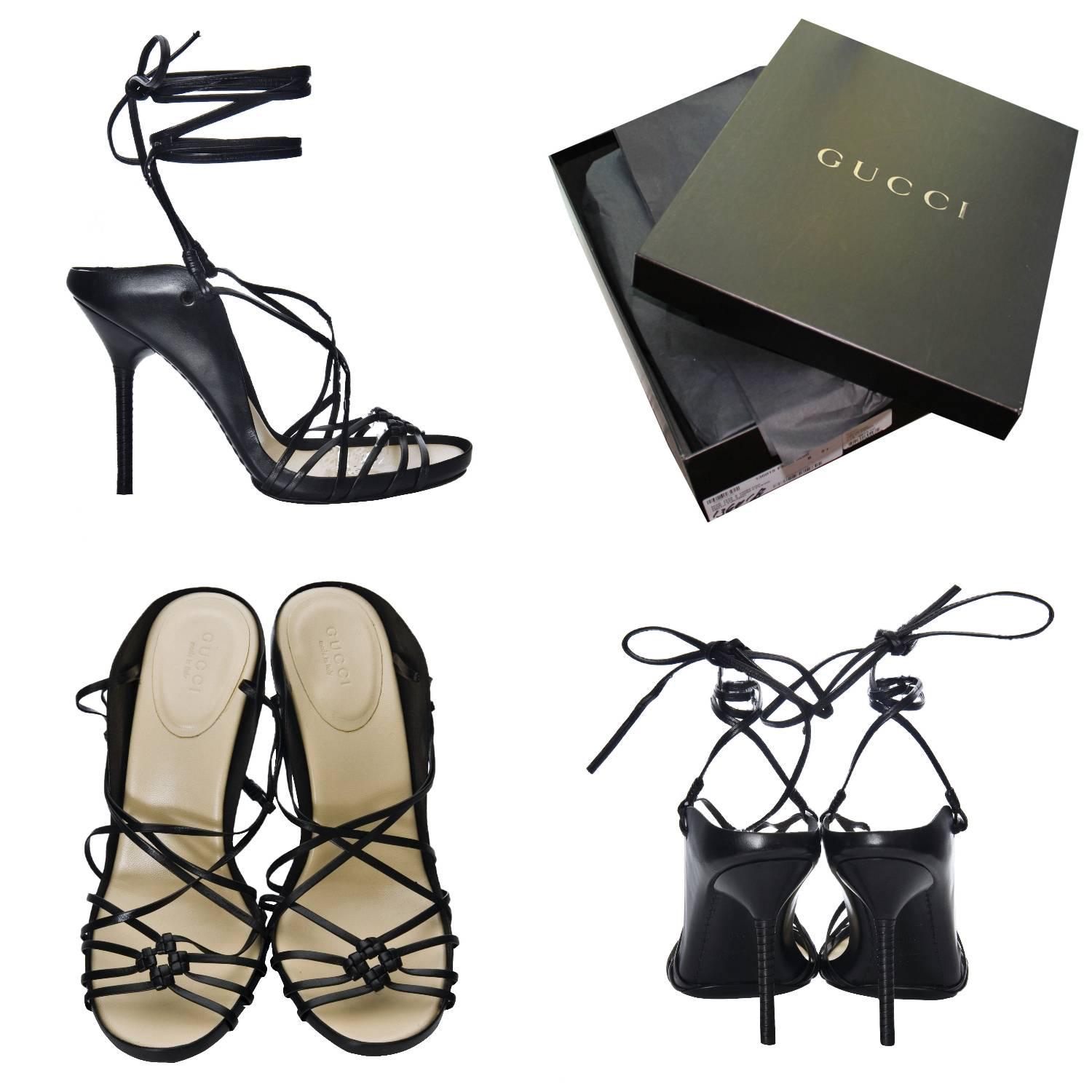Tom Ford for Gucci Heels 
Worn Once
* Stunning in Black Leather
* European Size: 38
* Batwing Sides
* Criss Cross Leather Top
* Leather Tie Ankle Straps
* Cream Leather Footbed
* 4.5