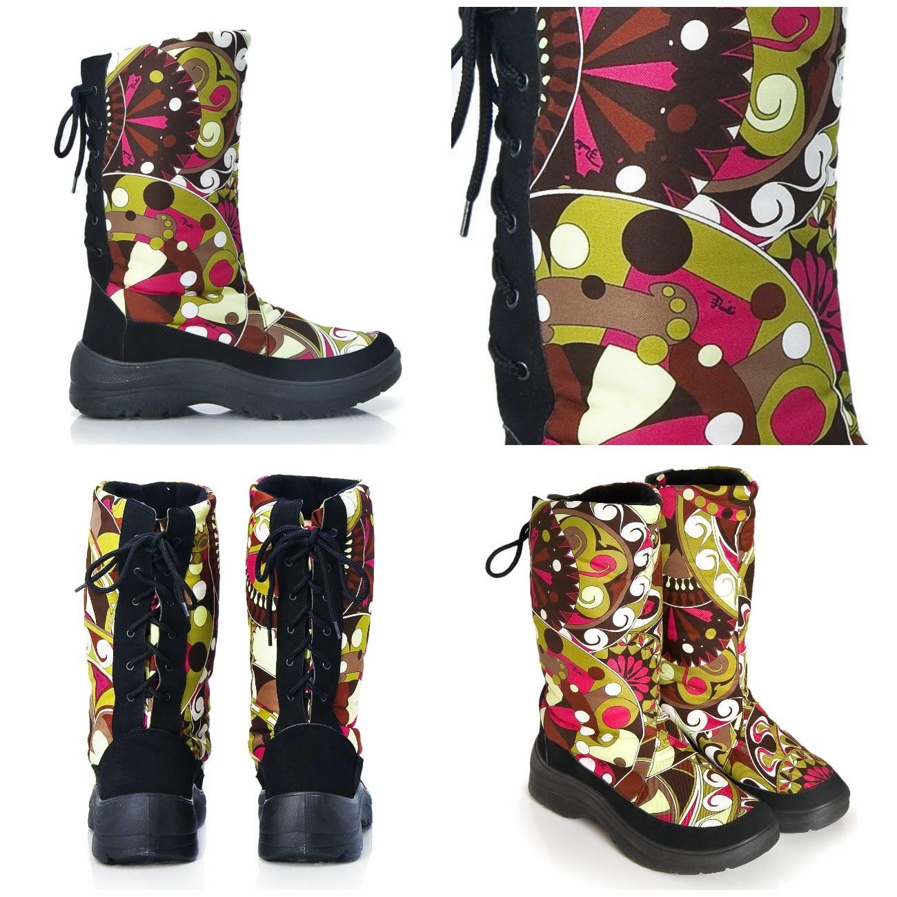 Emilio Pucci Snow Boots
Brand New
* Snow, Ski, Rain Boots
* Euro: 38 
* Waterproof Signature Pucci fabric in Fuchsia, Black, Burgundy and Greens
* Thick Insulated Wool Interior
* Rubber Soles
* Nubuck Trim 
* Laces up the Back
* Without Box