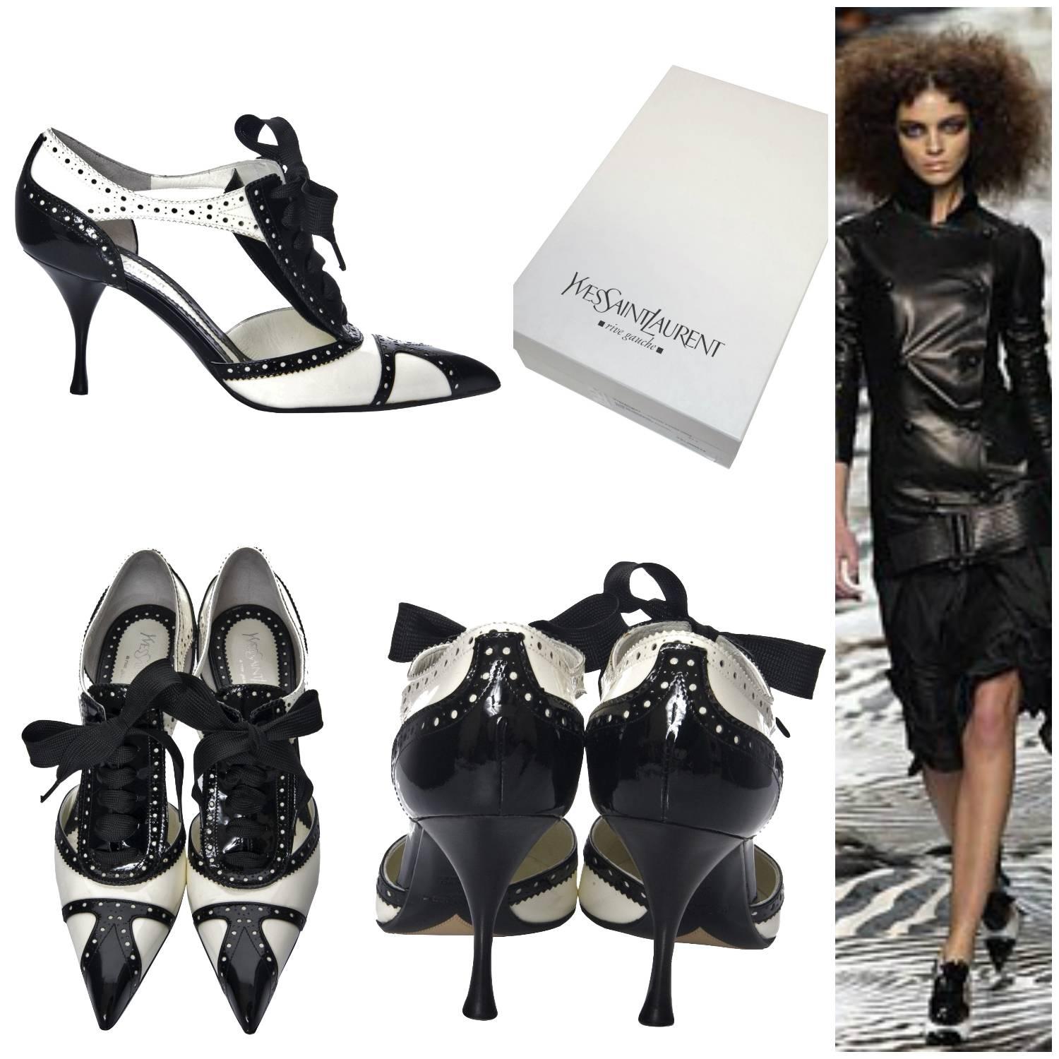 Tom Ford For YSL Heels
Rare & Collectible
Brand New
* Rare Tom Ford For YSL Runway Spectator Heels 
* Own a Piece of Fashion History!
* Black & Ivory Patent Pumps
* Size Euro: 39
* Lace up Tie
* Pointed Toe 
* Leather Insole
* 3