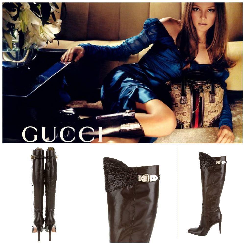 Brand New
The Boots that every model wore for the fall/winter 2005 runway show
* Gucci
* U.S. Size: 8.5
* Soft Brown Leather
* Alligator Uppers
* Gold Buckle
* 4.25