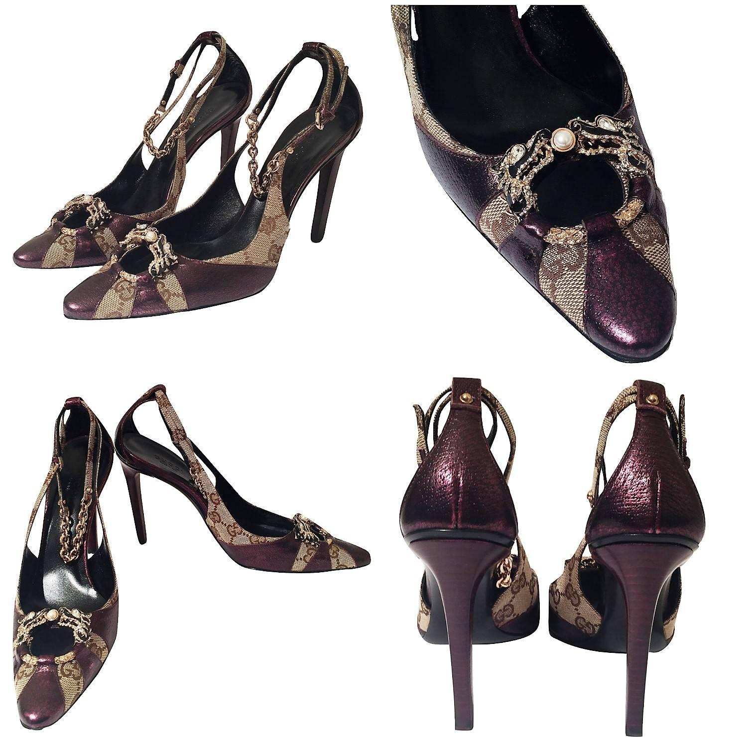 Gucci Tom Ford Heels
Brand New & Rare
* Famous Tom Ford Era
* Own a Piece of Fashion History! 
* Size: 37
* Crystal Dragon at Toe
* Beige GG Canvas  
* Purple Leather
* Adjustable Chain Ankle Strap 
* 4