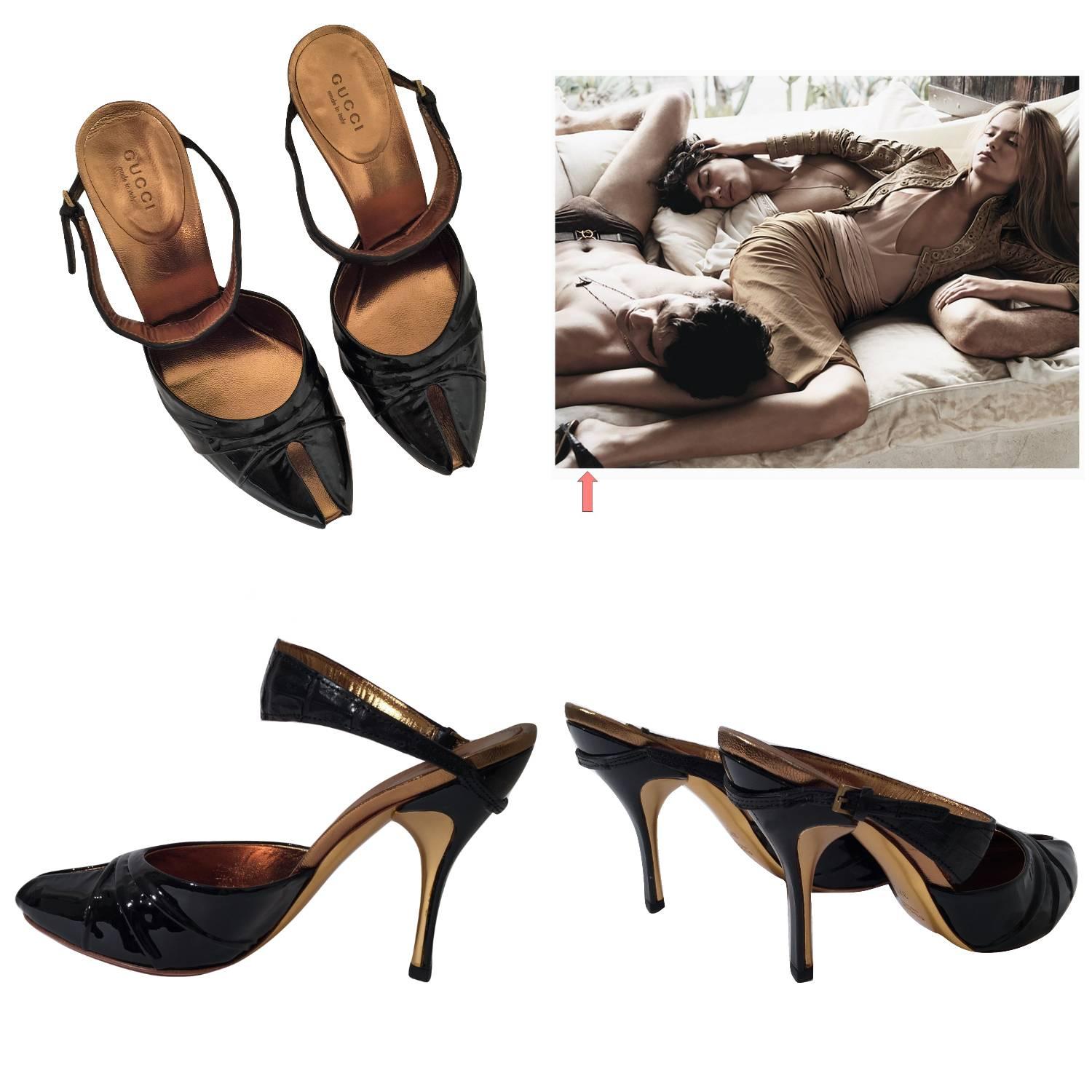 Gucci
Brand New
* Stunning in Black Patent Leather
* European Size: 37 
* Crocodile Ankle Strap
* Metallic Gold Footbed
* Brass Hardware
* Patent Heel
* 4.25