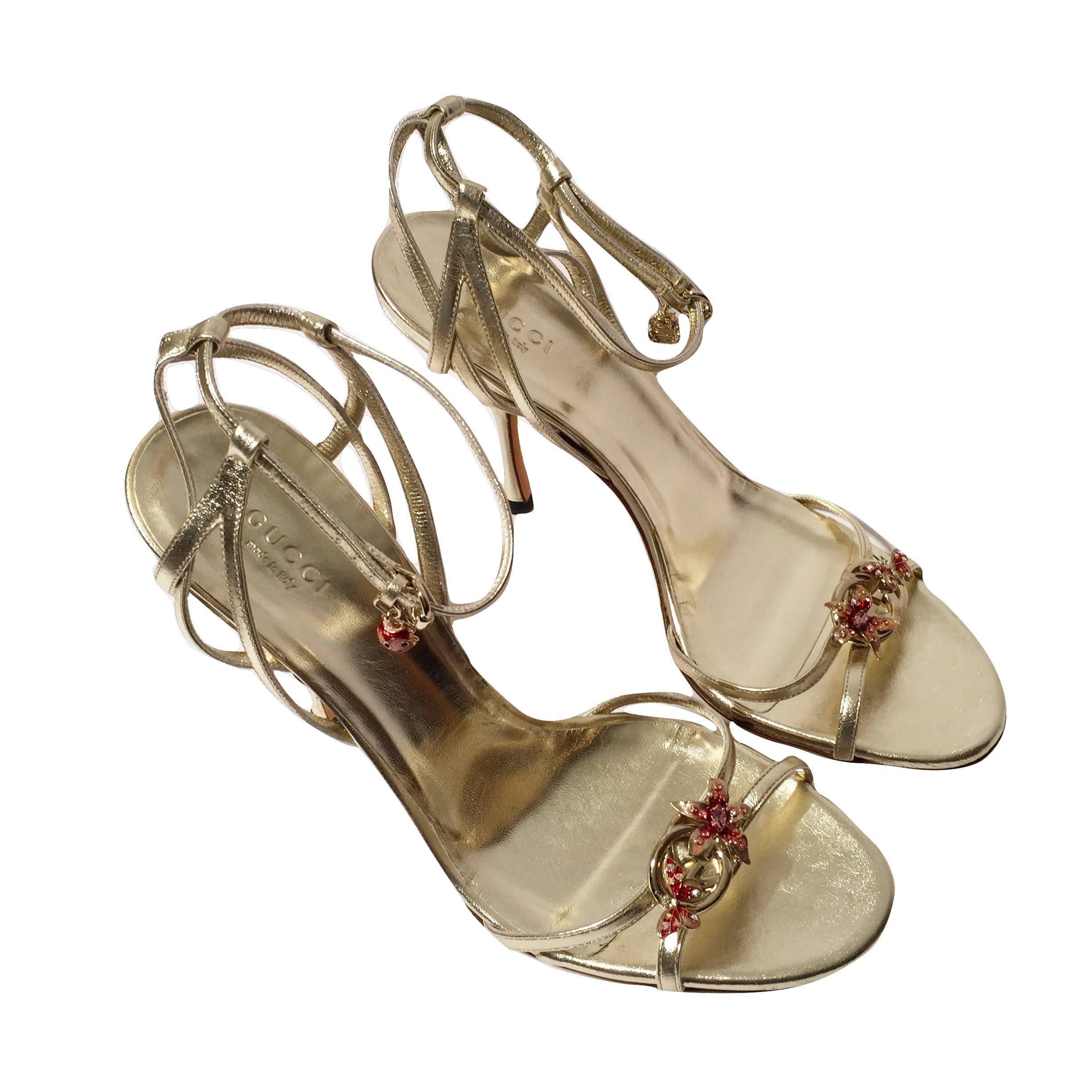 New Gucci Limited Edition Collection Runway Gold Jeweled Heels Sz 9.5 3