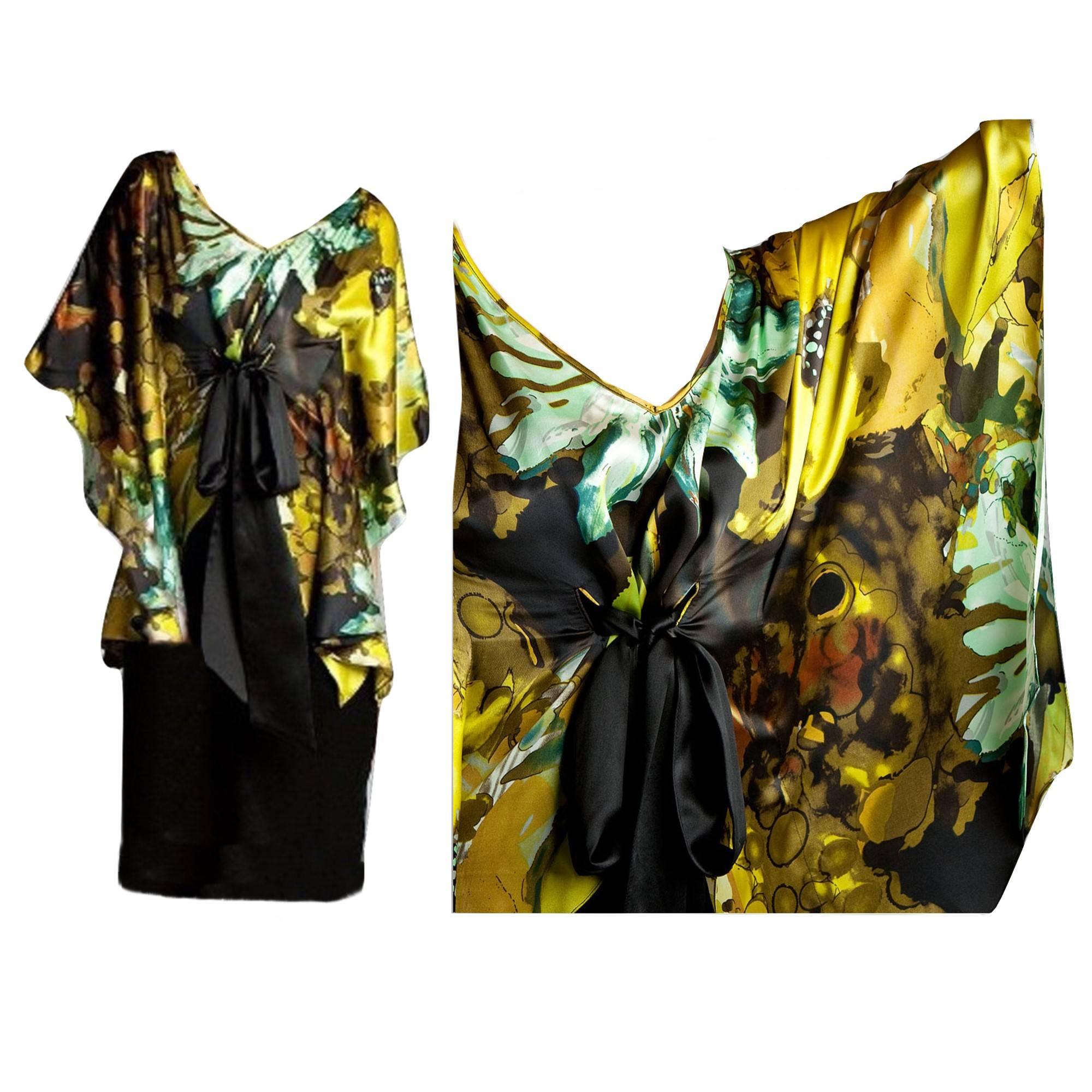 Badgley Mischka Dress
Brand New with Tags
Soft Silk Dress with a printed abstract flower pattern 
poncho style top and black silk layer beneath
Black Silk tunnel tie at front
Top is 100% Silk 
Slip is 100% Silk
We are happy to provide measurements