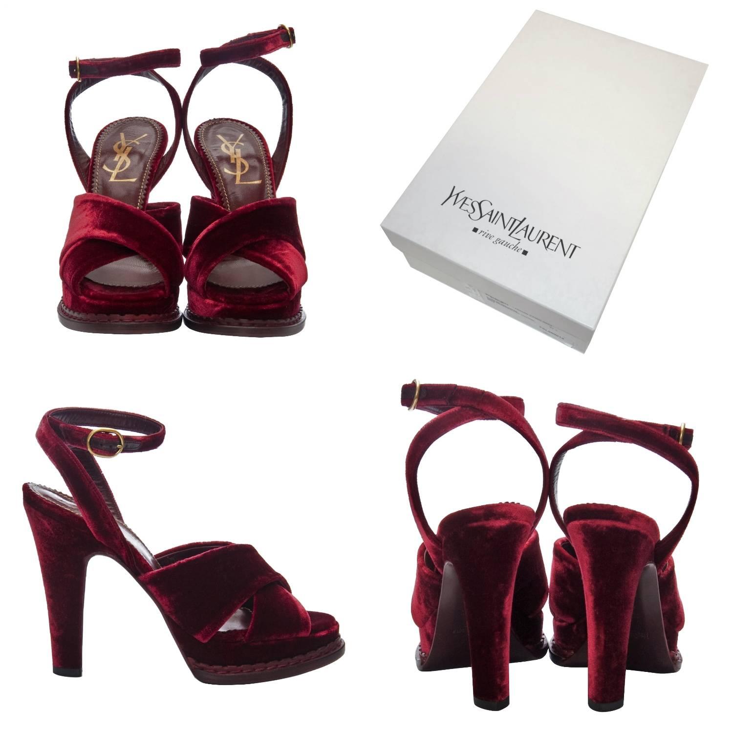 Brand New
* Rare Tom Ford Velvet Heels 
* Own a Piece of Fashion History!
* Stunning Deep Red Wine Velvet
* Size Euro: 36 
* Gold Hardware
* Slight Platform  
* Leather Insole
* 4.75