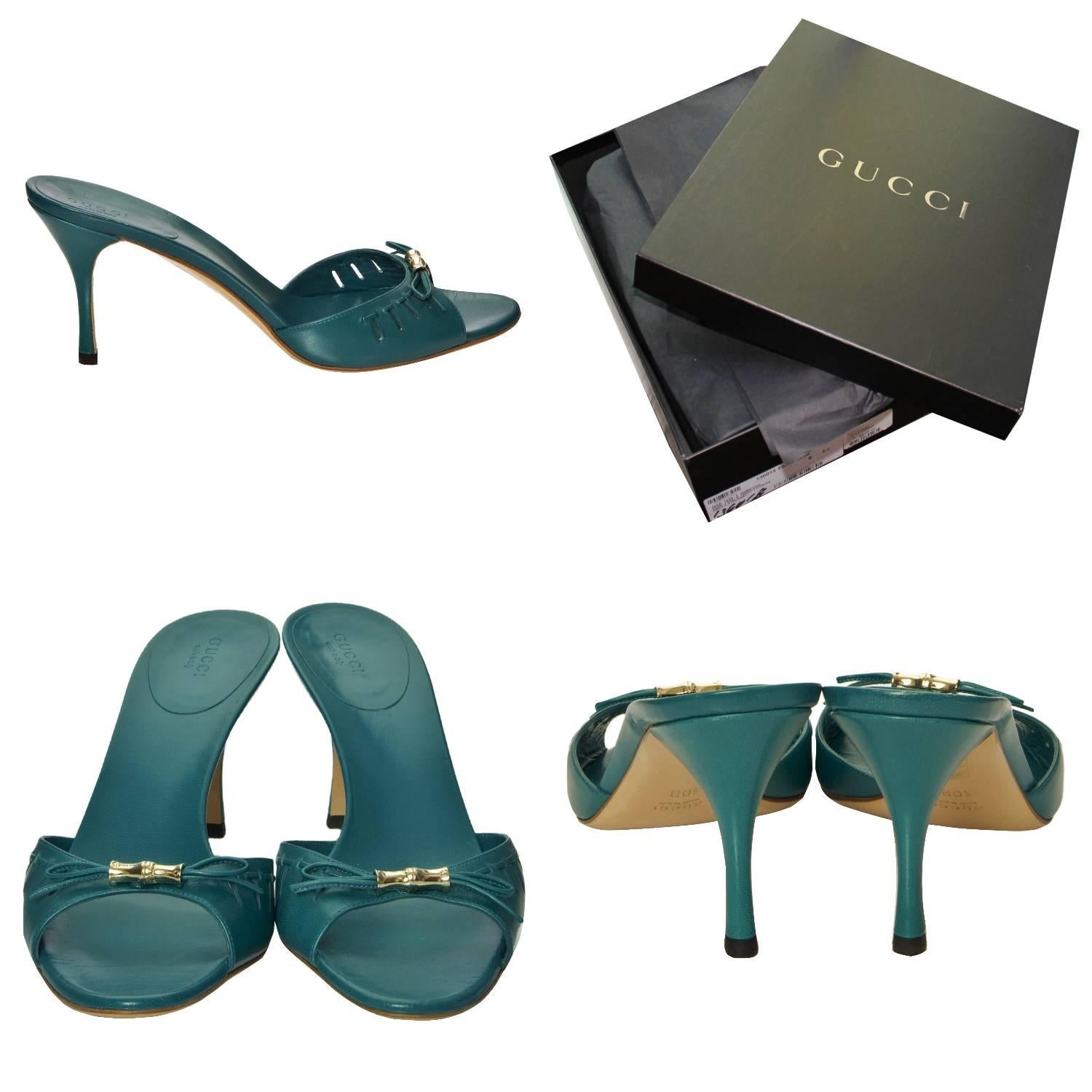 Tom Ford For Gucci Mules
Brand New
* Stunning in Teal
* Size: 10
* Kitten Heels in Leather
* Leather Insole 
* Gold Bamboo at Toe
* 3.5