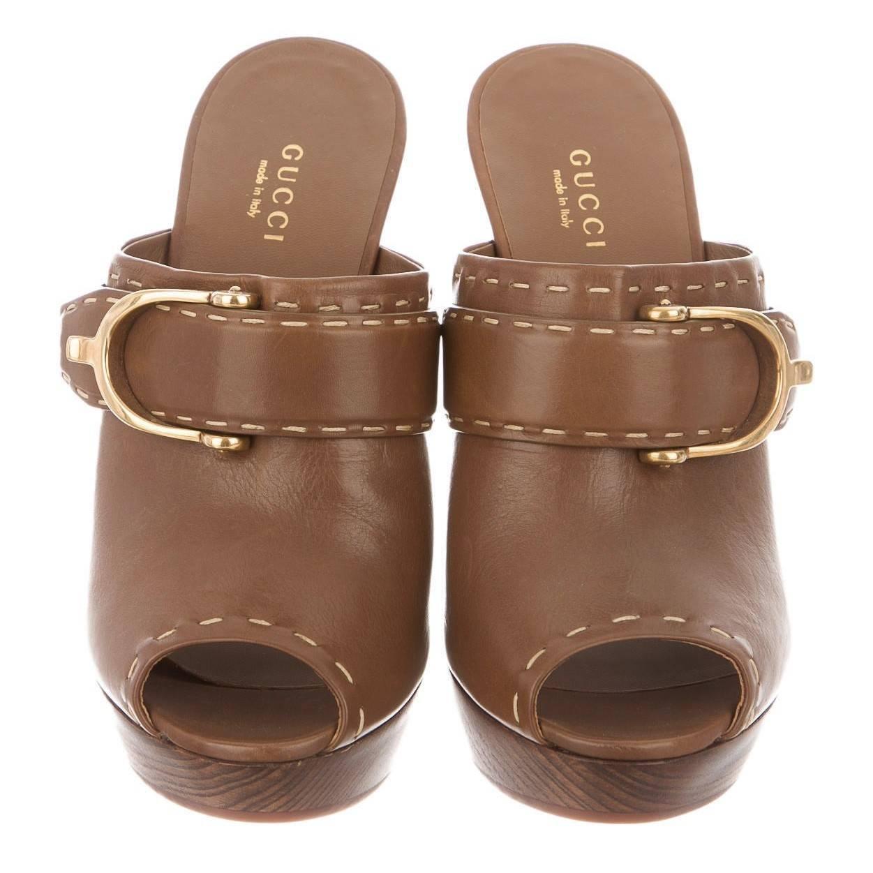 Women's NEW Size 36 Gucci Brown Leather Peep Toe Mule Heels