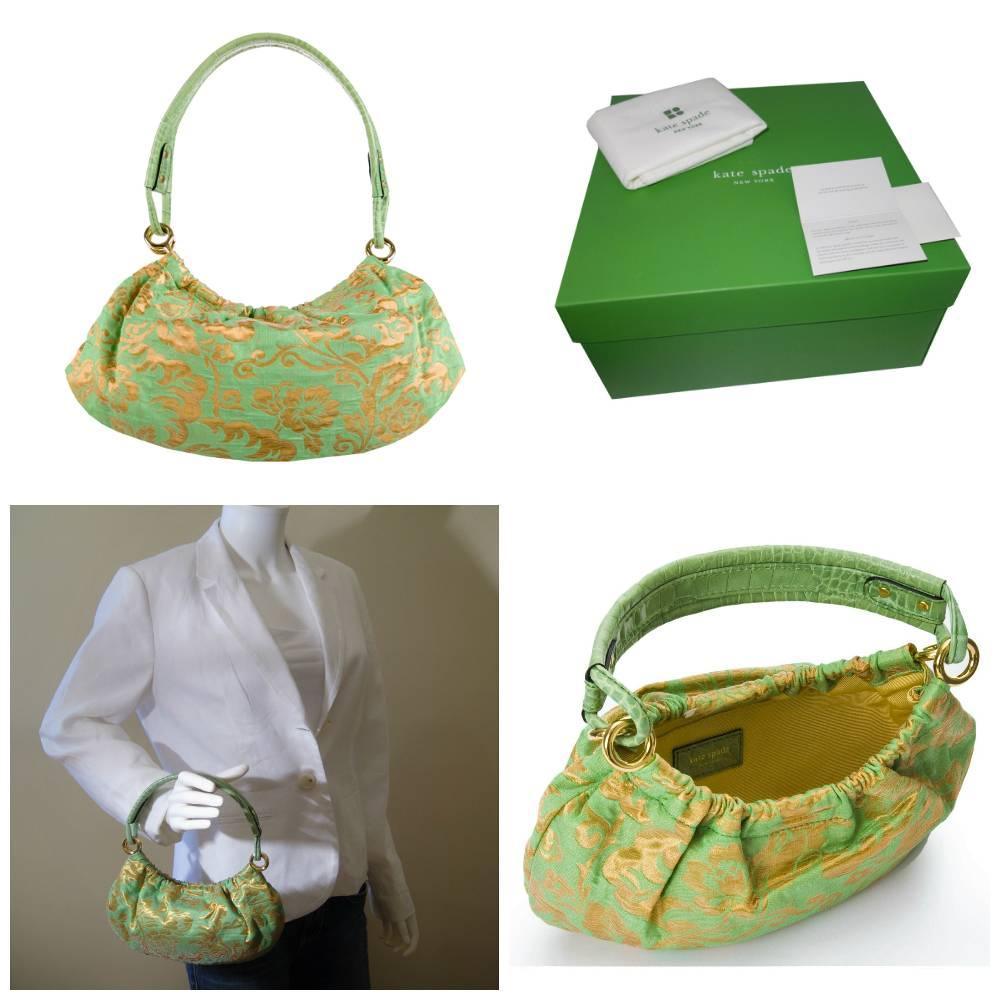 Kate Spade 
From Her Spring 2005 Collection

Brand New
* Beautiful Green and Silver Brocade 
* Silver Hardware
* Alligator Embossed Leather Strap 
* Taupe Grosgrain Lining
* Magnetic Closure
* Measures: 9