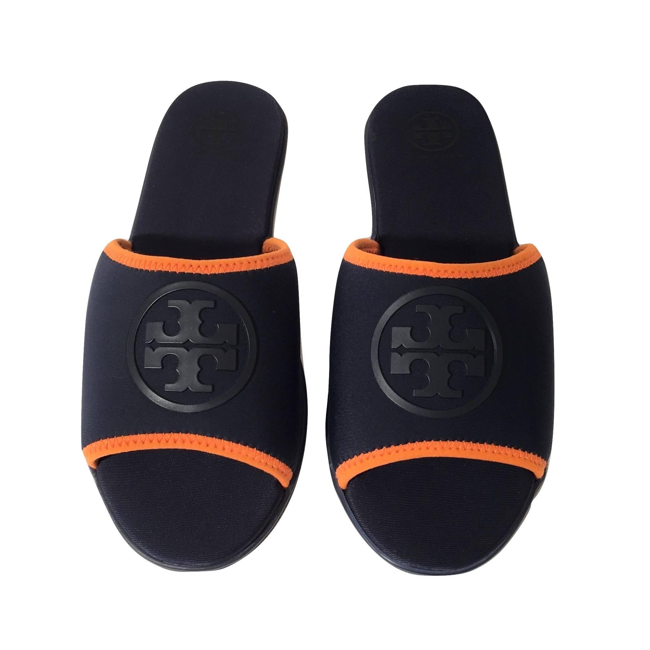 Tory Burch New Blue Neoprene Logo Slide Sandals Shoes