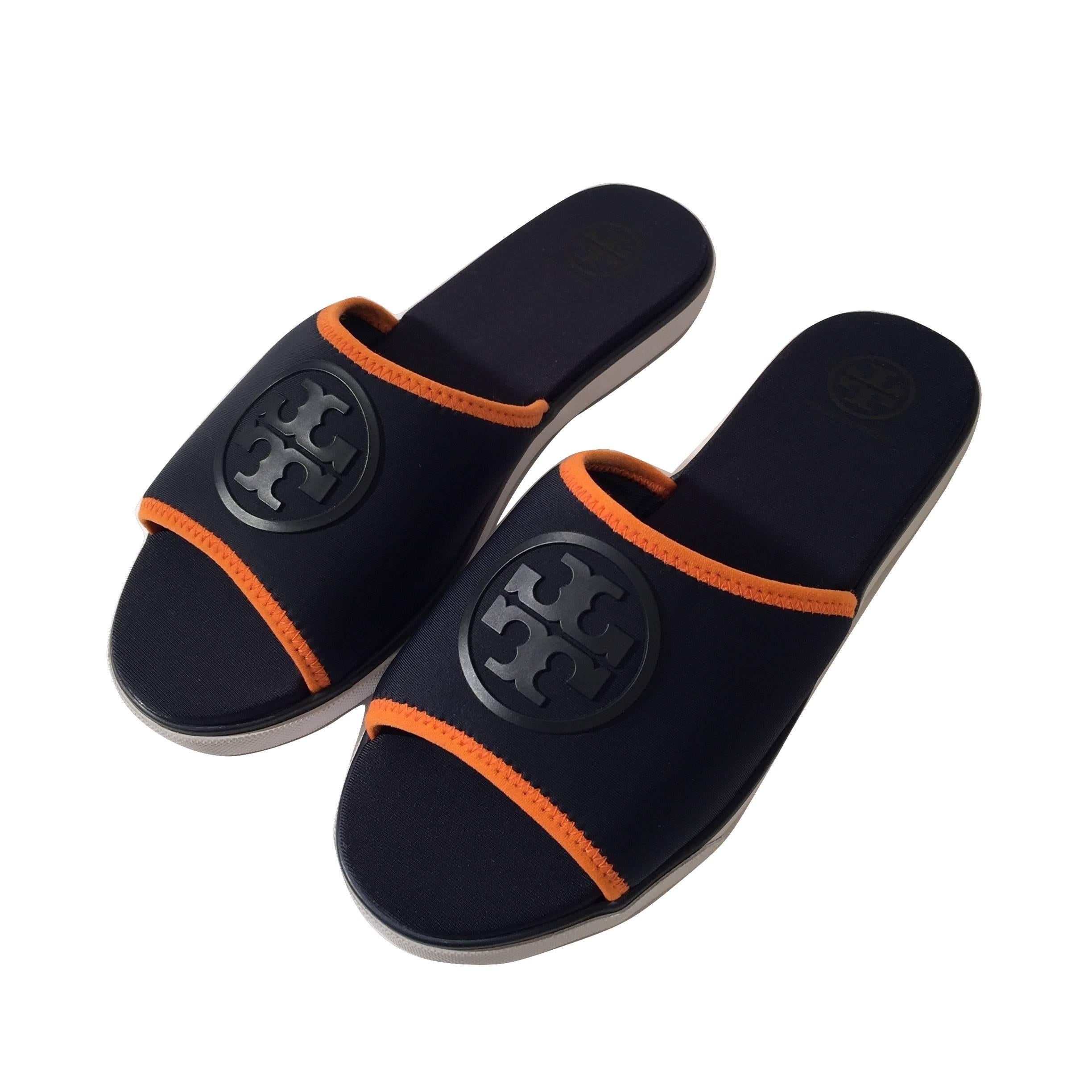 Tory Burch New Blue Neoprene Logo Slide Sandals Shoes In New Condition In Leesburg, VA