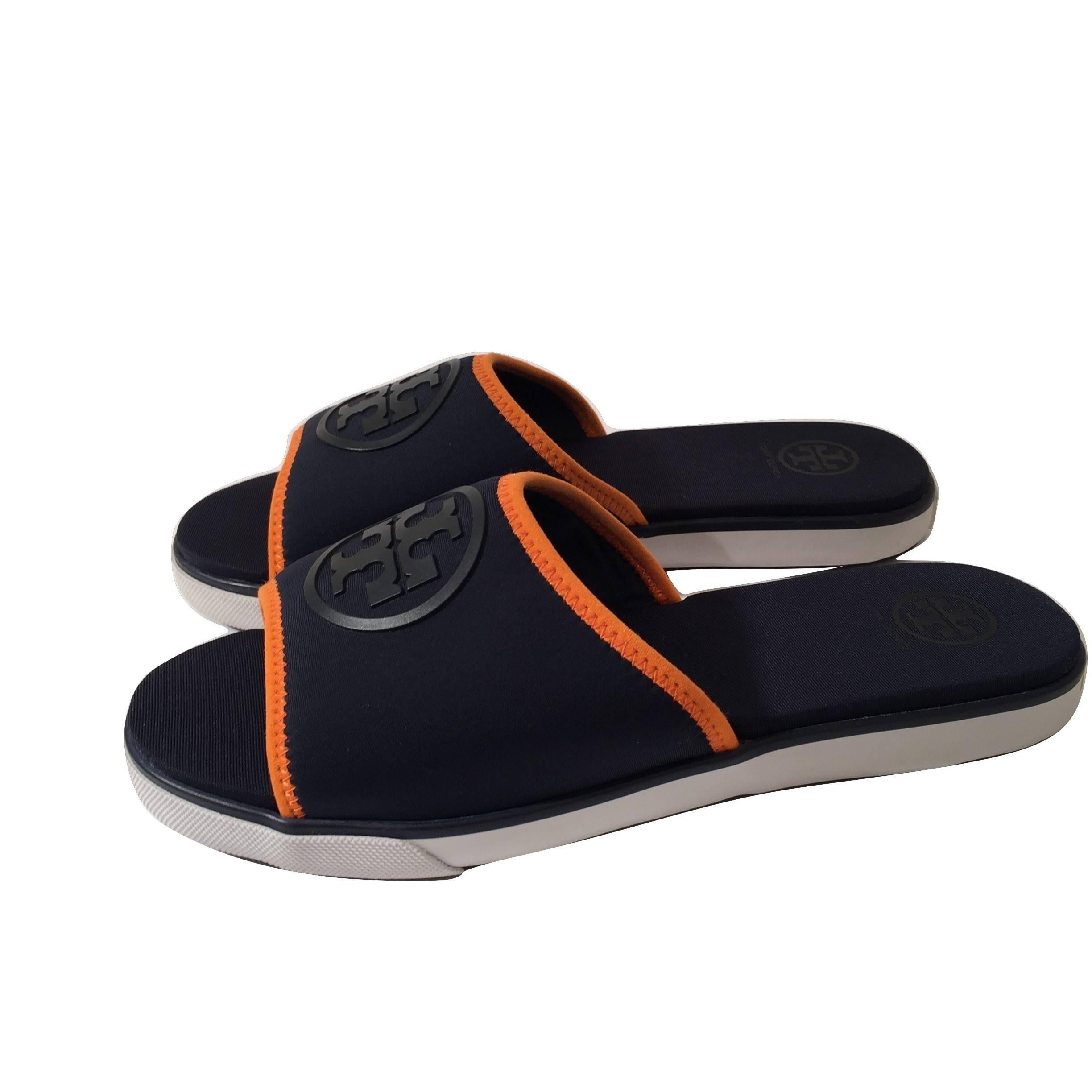 Tory Burch New Blue Neoprene Logo Slide Sandals Shoes 1