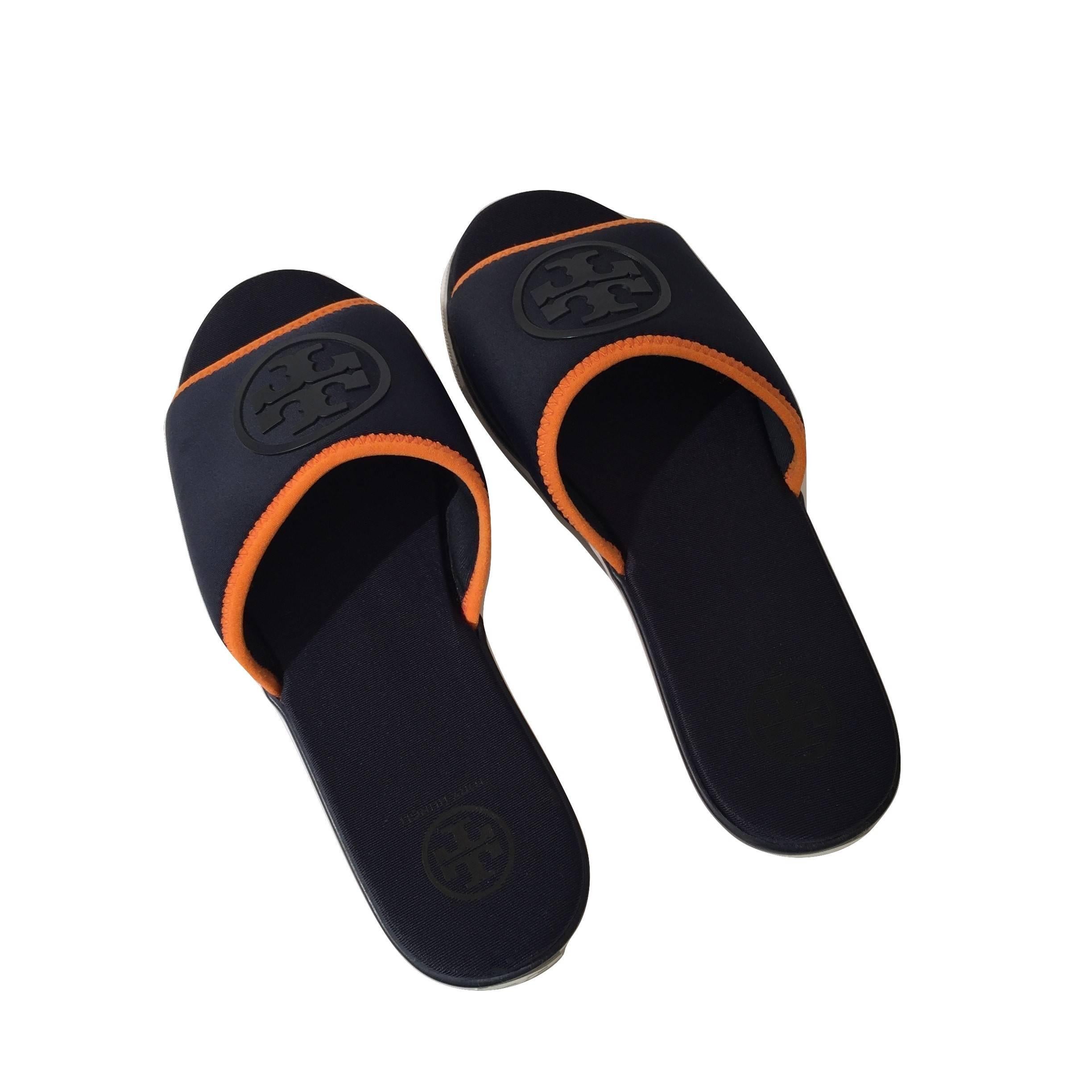 Tory Burch New Blue Neoprene Logo Slide Sandals Shoes 5