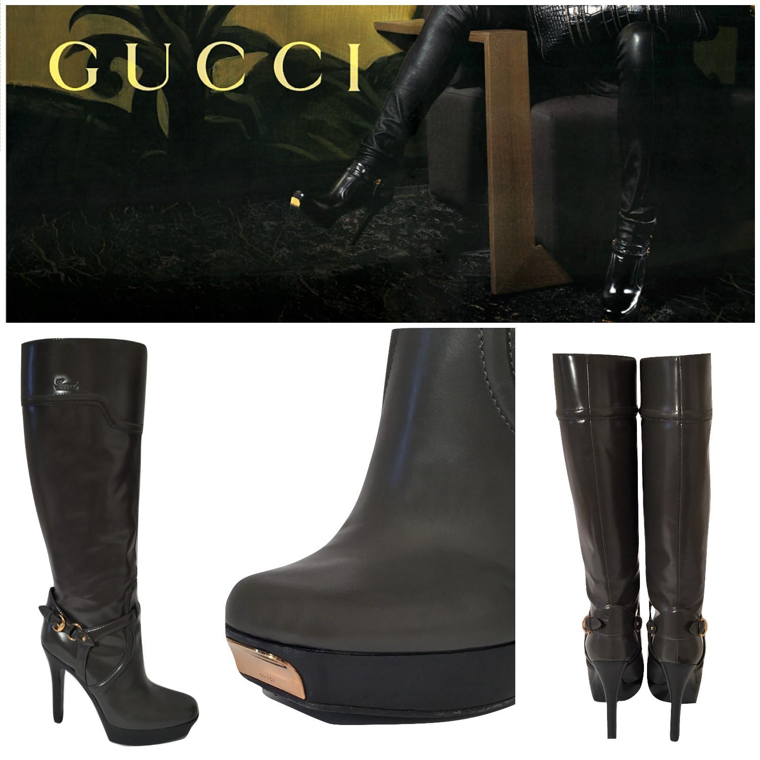 Gucci Platform Boots
Worn Twice Excellent Condition
* Rare Platform Boots
* U.S. Size: 6
* Soft Gray Leather
* Gold Hardware
* Gold Toe Tips
* 1.5