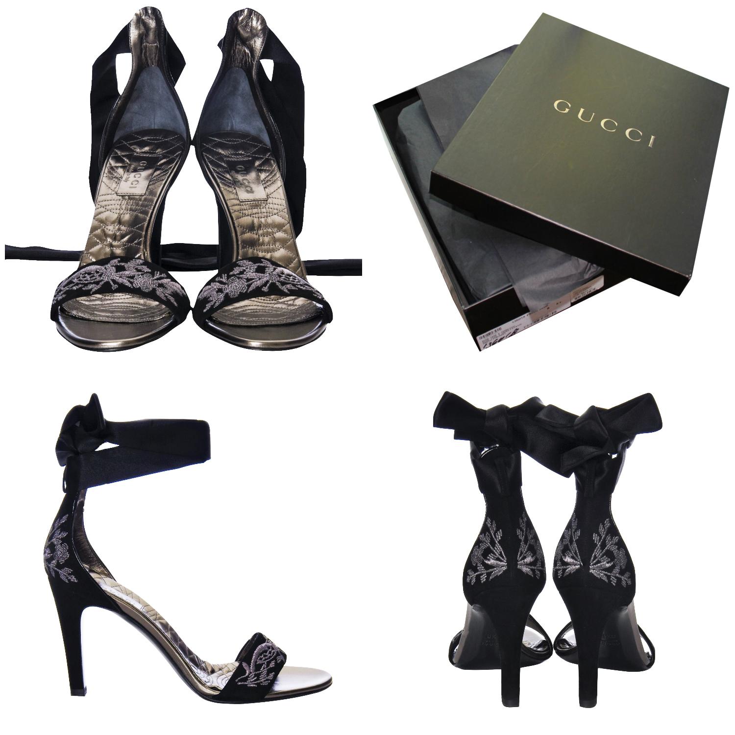 Black New Gucci Runway Suede Brocade Heels Sz 8.5