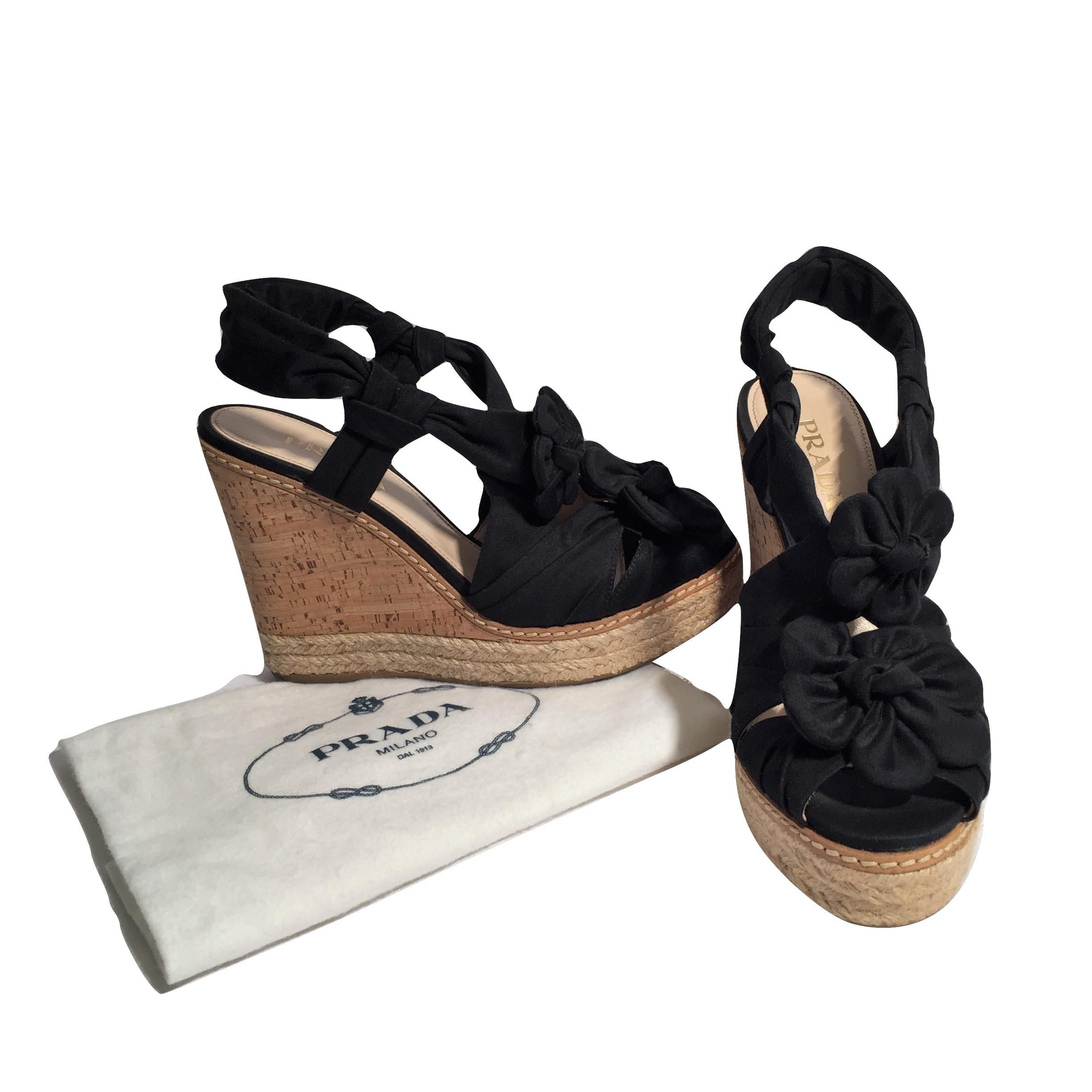 Prada Platform Wedge Espadrille Heels Sz 36.5 3