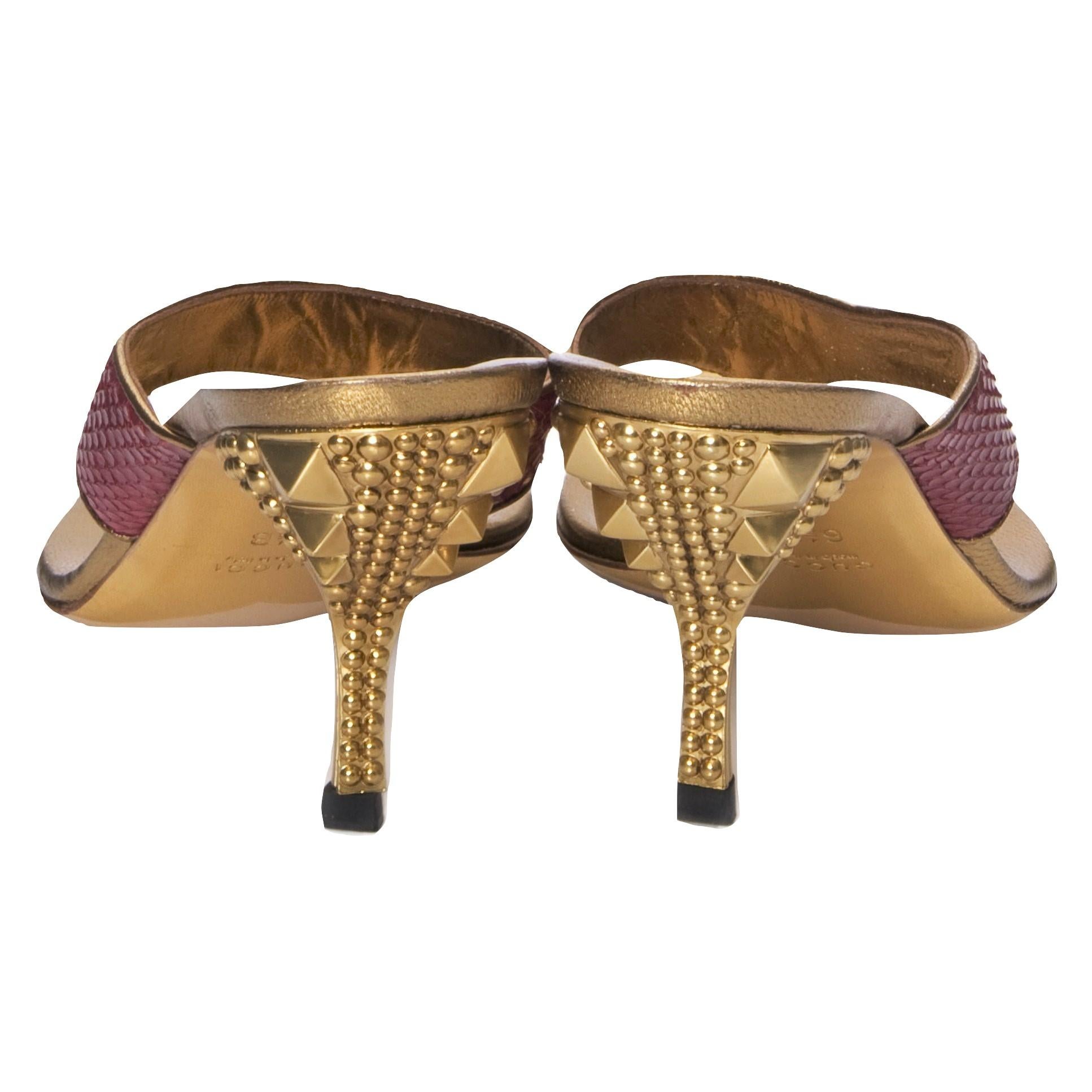 Brown New Gucci Runway Python Snakeskin Gold Heel Mules Sz 6.5
